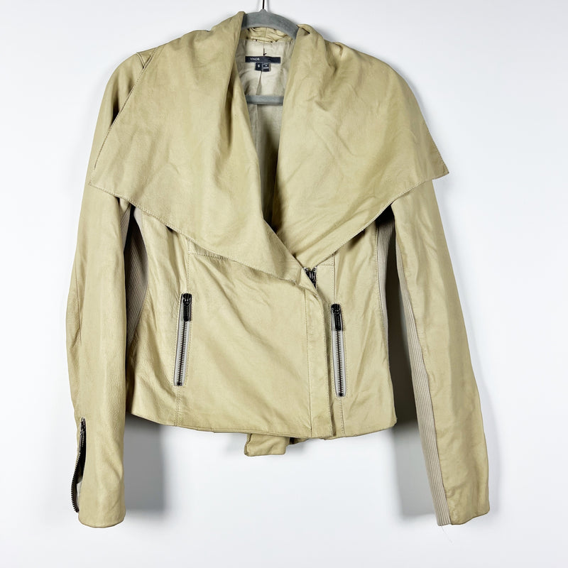 Vince Genuine Paper Leather Drape Collar Asymmetrical Zip Moto Jacket Coat Ivory
