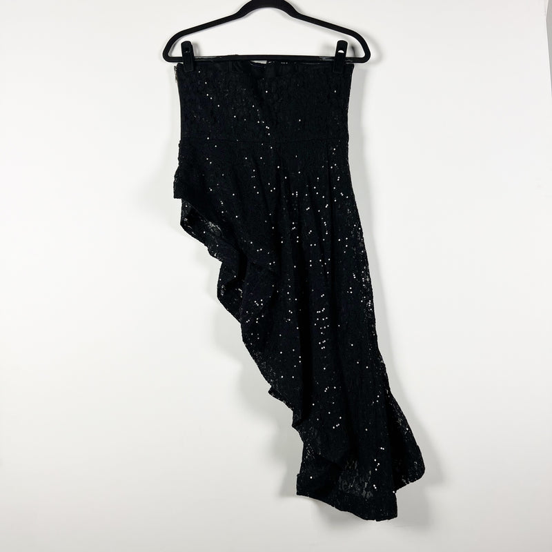 LPA Odette Allover Sequin Lace Sparkle Embellished Asymmetrical Top Black Medium