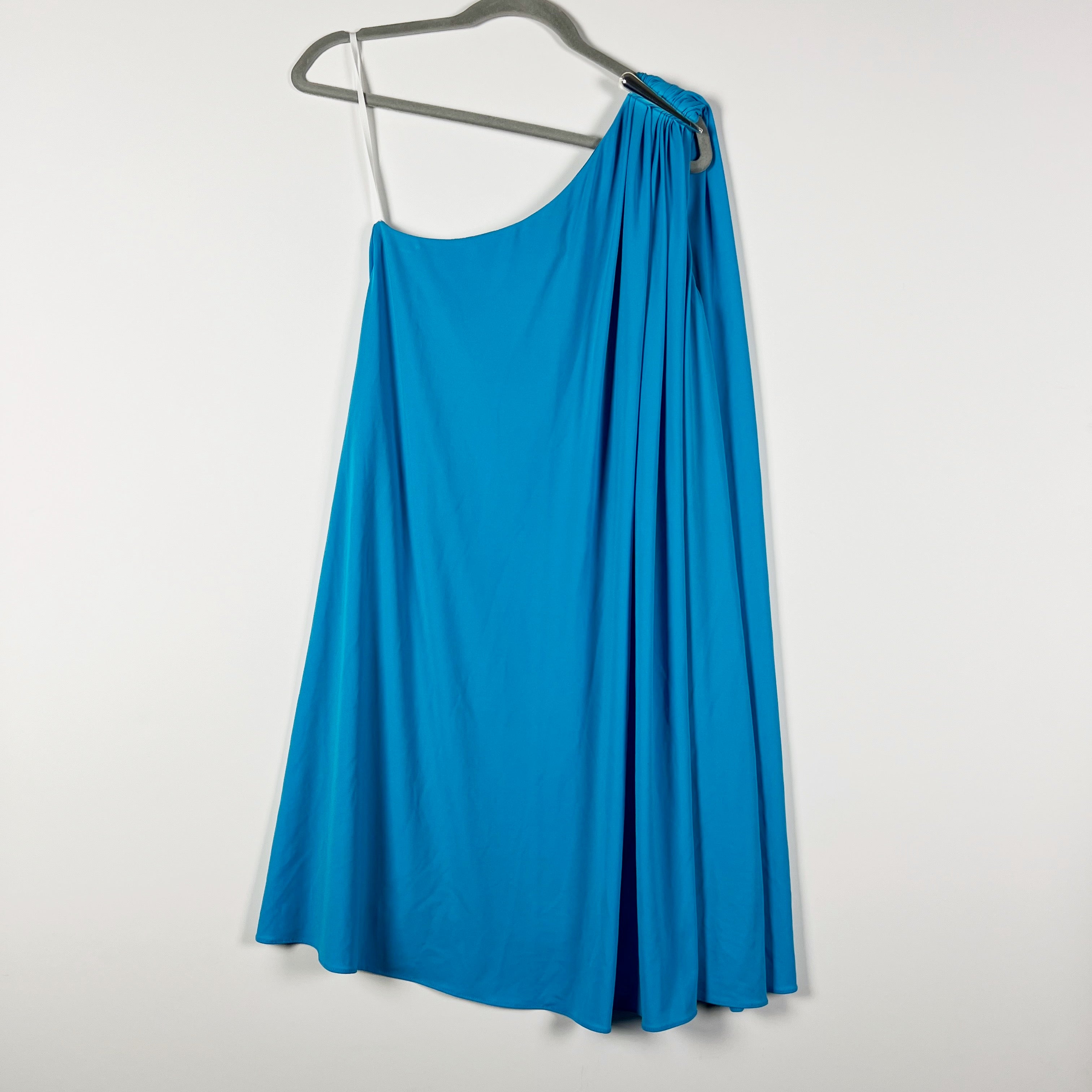 NEW Halston Viviana Ruched One Shoulder Draped Cocktail Party Mini Dress Aqua 6