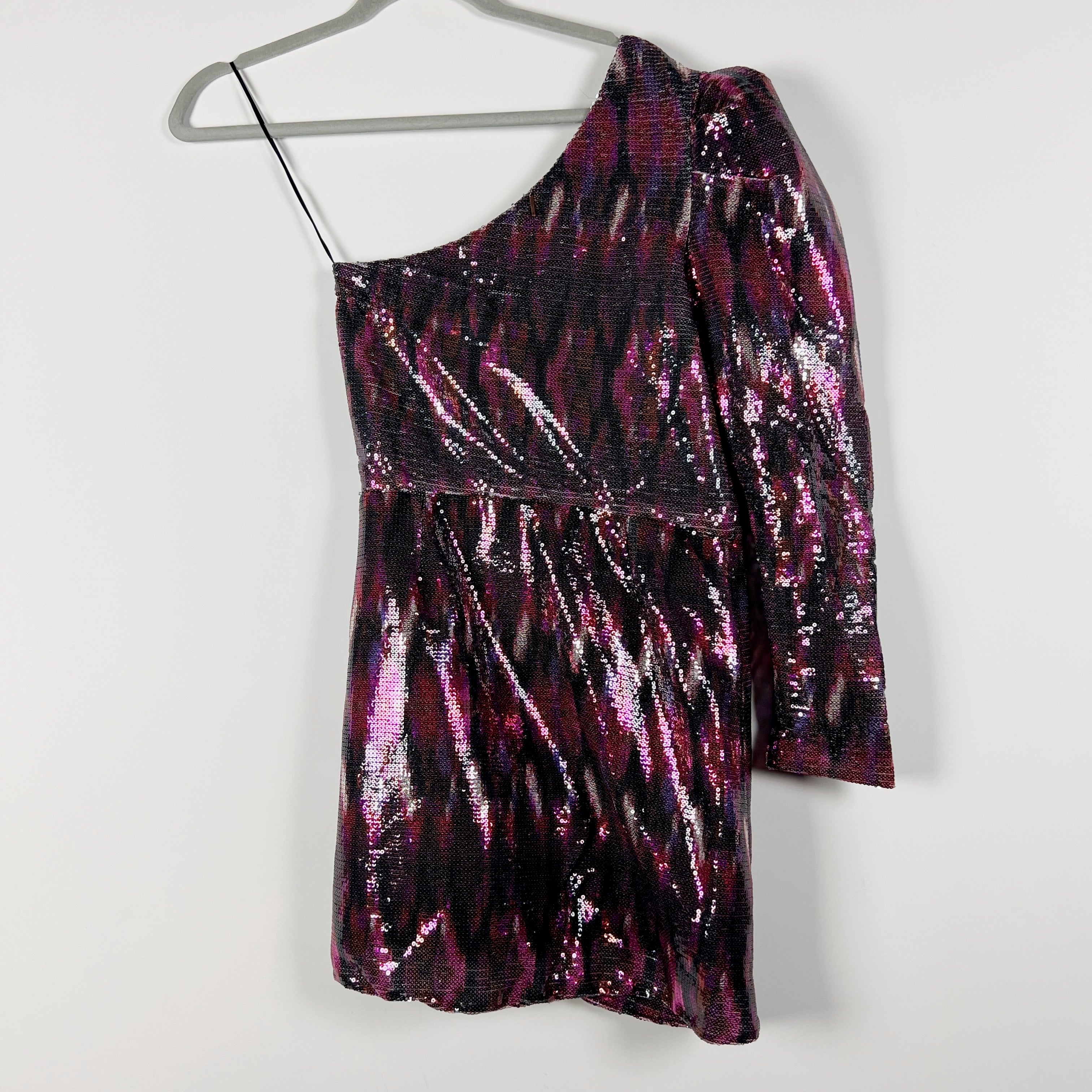 NEW Misa Nova One Shoulder Fuschia Ikat Sequin Sparkle Cocktail Mini Dress XS