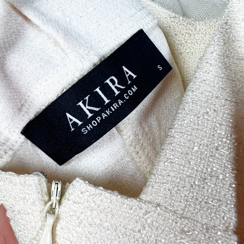 Akira Boucle Tweed Textured Floral Tulle Mesh Ruffle Collar Mini Dress Ivory S