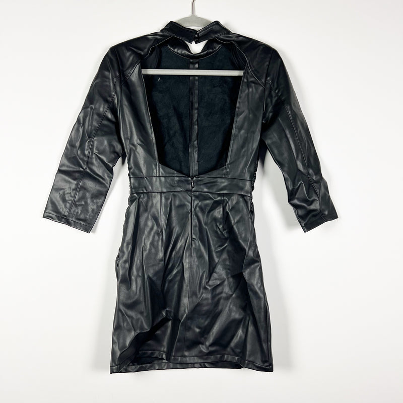 Zara Faux Vegan Leather High Neck Quarter Sleeve Backless Mini Party Dress Black