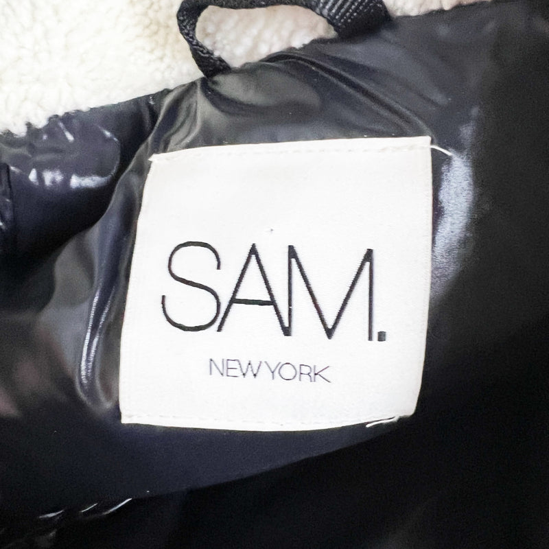 SAM Gigi Shiny Quilted Down Puffer Lamb Shearling Full Zip Jacket Coat Black XS