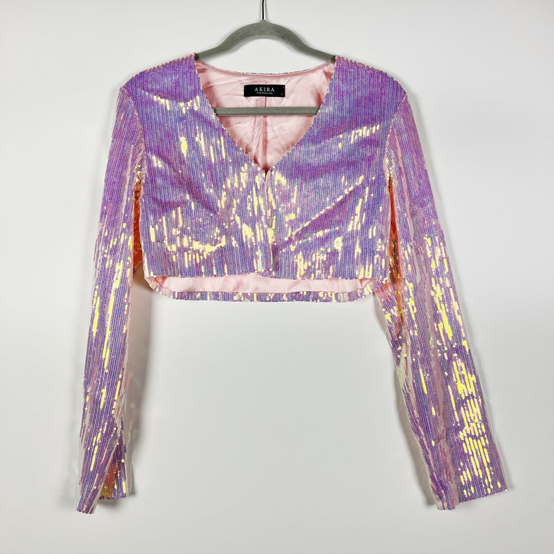 Akira Pink Purple Sequin Embellished Sparkle Long Sleeve Crop Top Cardigan Small