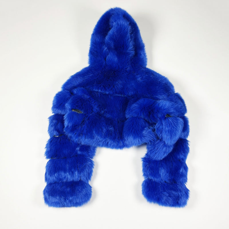 Akira Azalea Wang Gracelle Faux Vegan Fur Cropped Full Zip Hood Jacket Coat Blue