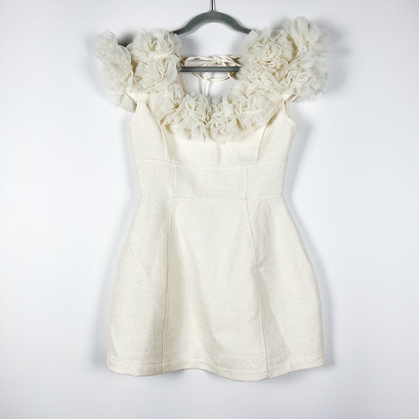 Akira Boucle Tweed Textured Floral Tulle Mesh Ruffle Collar Mini Dress Ivory S