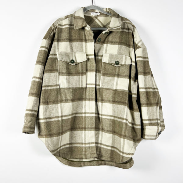 Good American Women's Plaid Relaxed Fit Wool Blend Button Front Collared Shacket