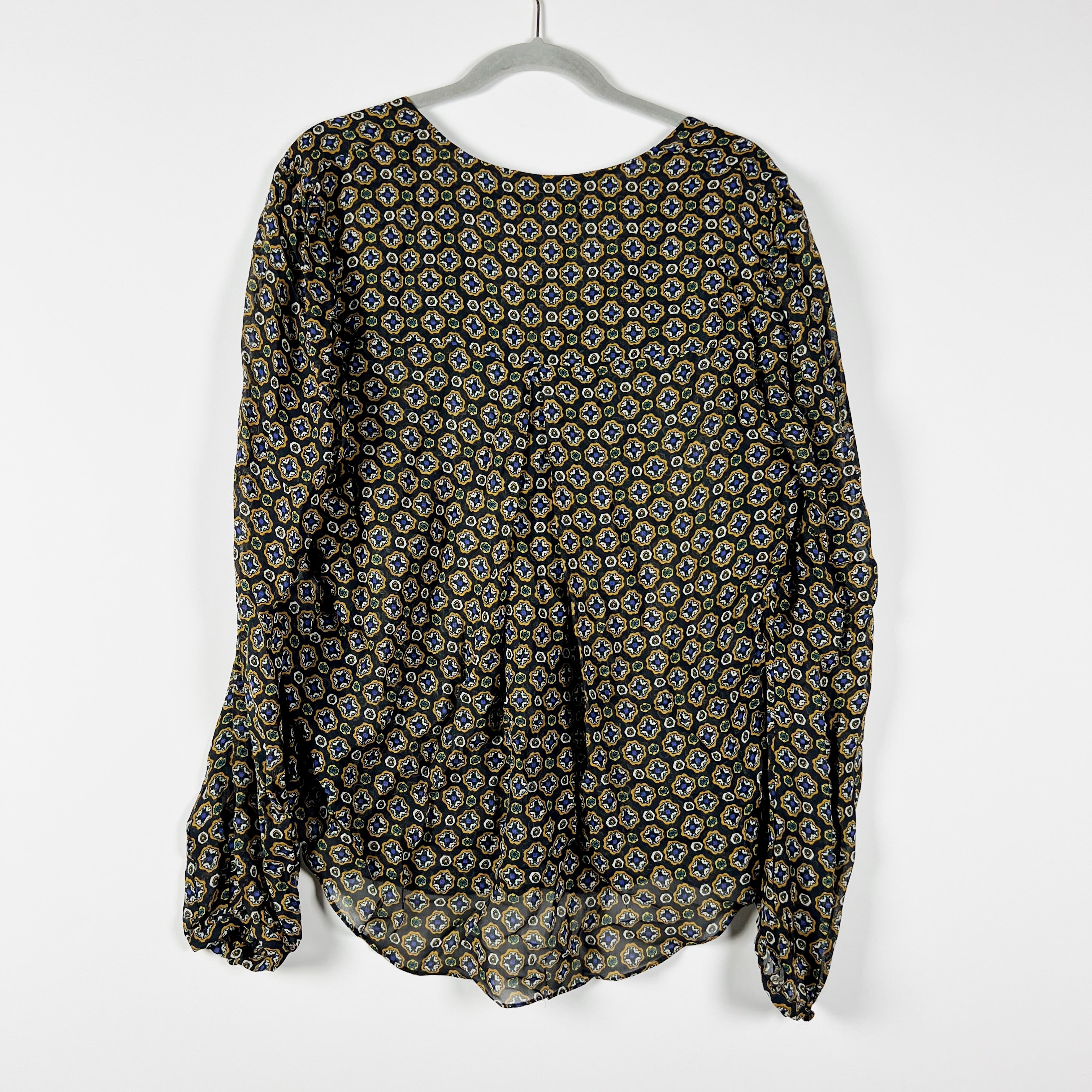 Veronica Beard Lowell Token Print Pattern Semi Sheer Lightweight Chiffon Blouse