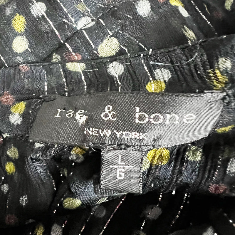 Rag &amp; Bone Carina Button Up Collarless Silk Chiffon Metallic Polka Dot Blouse L