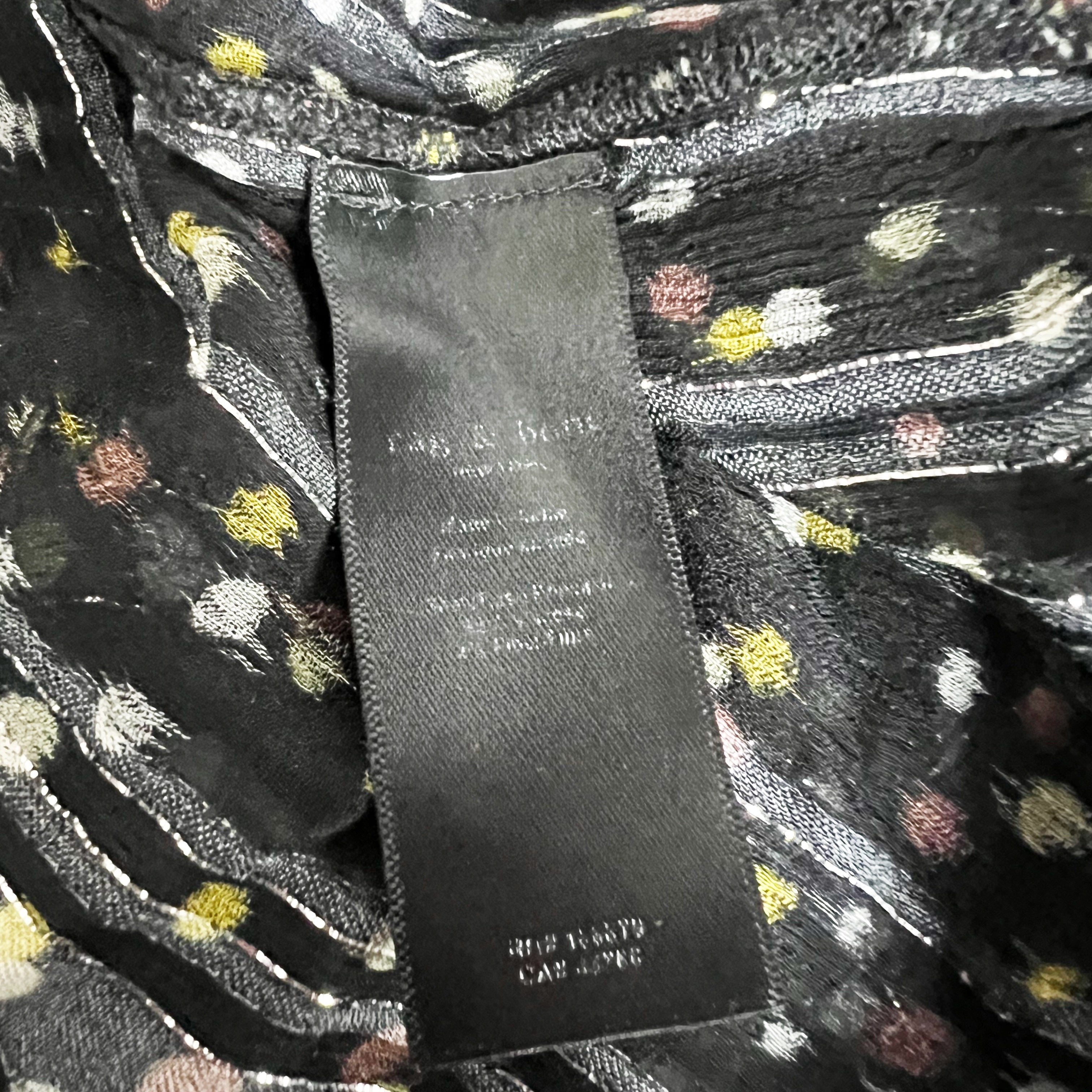 Rag & Bone Carina Button Up Collarless Silk Chiffon Metallic Polka Dot Blouse L