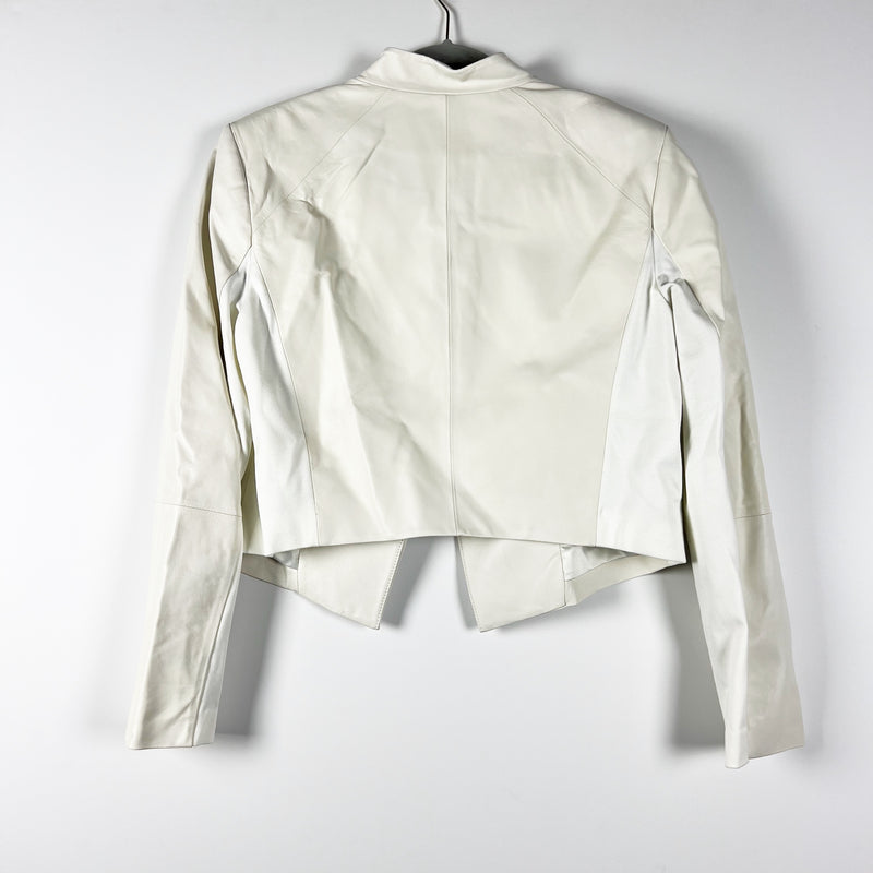 Alice And Olivia Classics Harvey Genuine Leather Open Front Cropped Jacket White