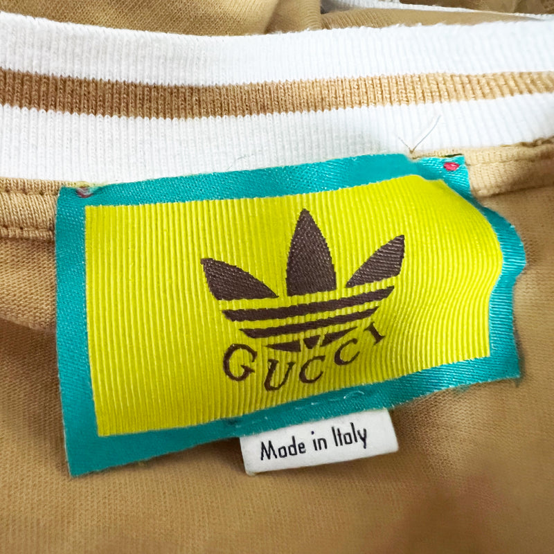 Gucci Adidas Trefoil Logo Graphic Print Cotton Crew Neck Short Sleeve Shirt Tan