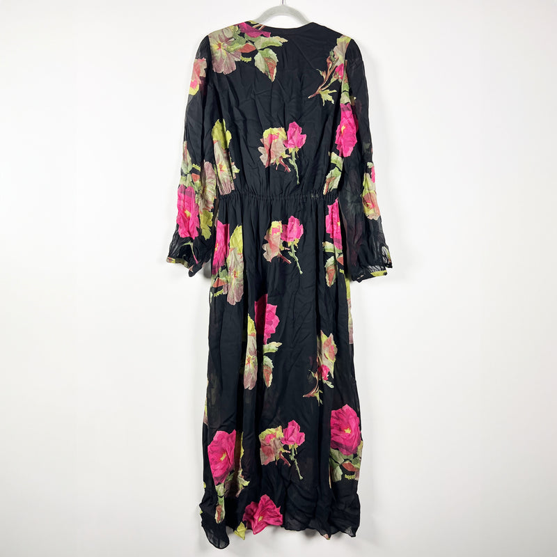 The Kooples Long Sleeve Black Pink Rose Flower Floral Print Chiffon Maxi Dress