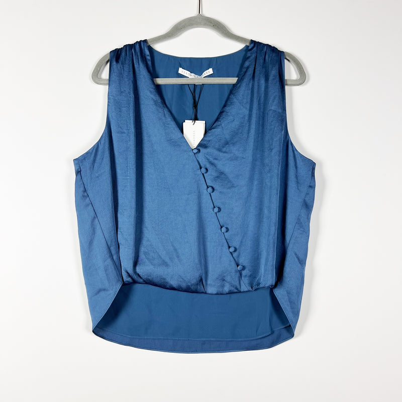 NEW Veronica Beard Rahi Satin Button Surplice Sleeveless Lagoon Blue Blouse Top