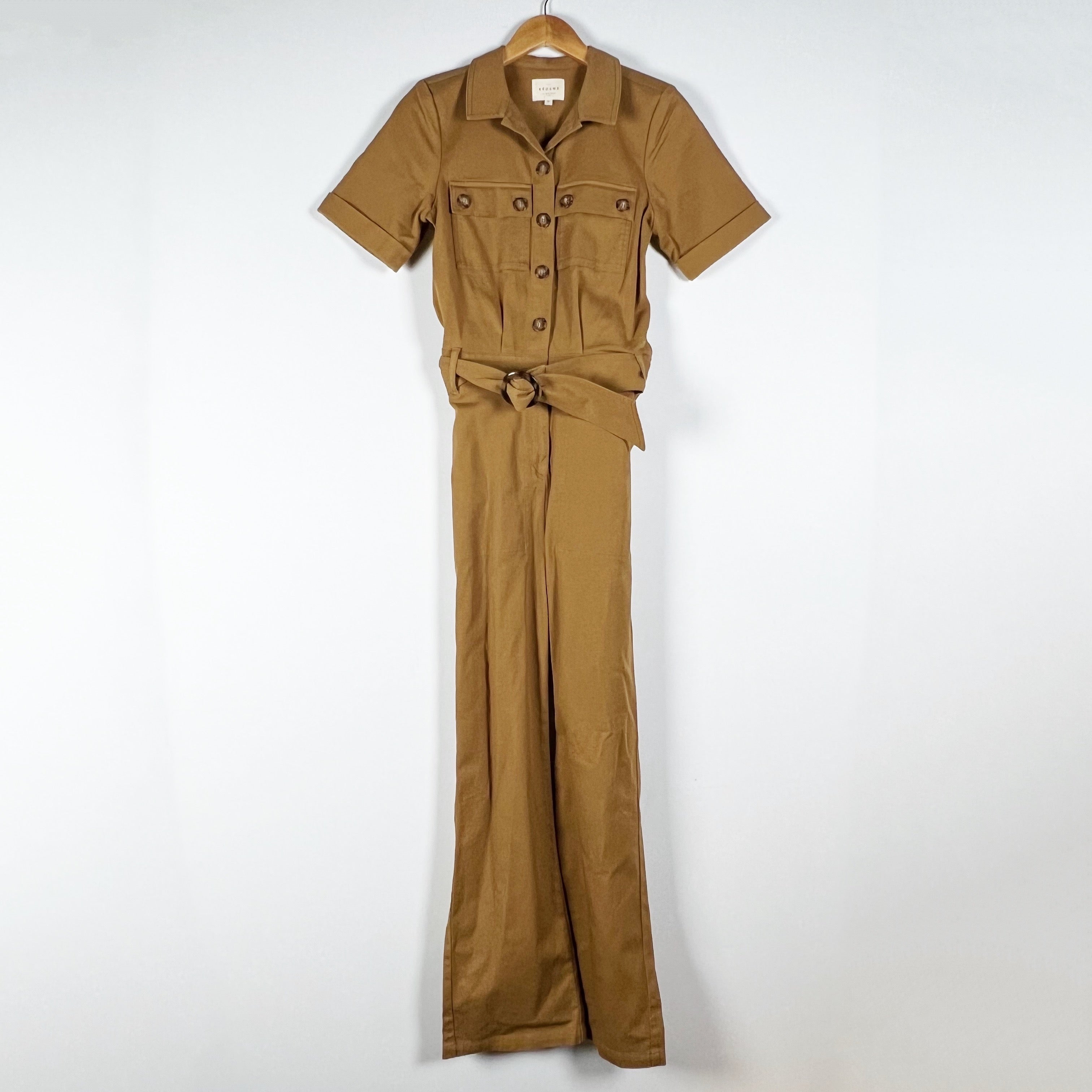 Sezane Manhatt Cotton Stretch Canvas Button Front Full Length Jumpsuit Camel XS