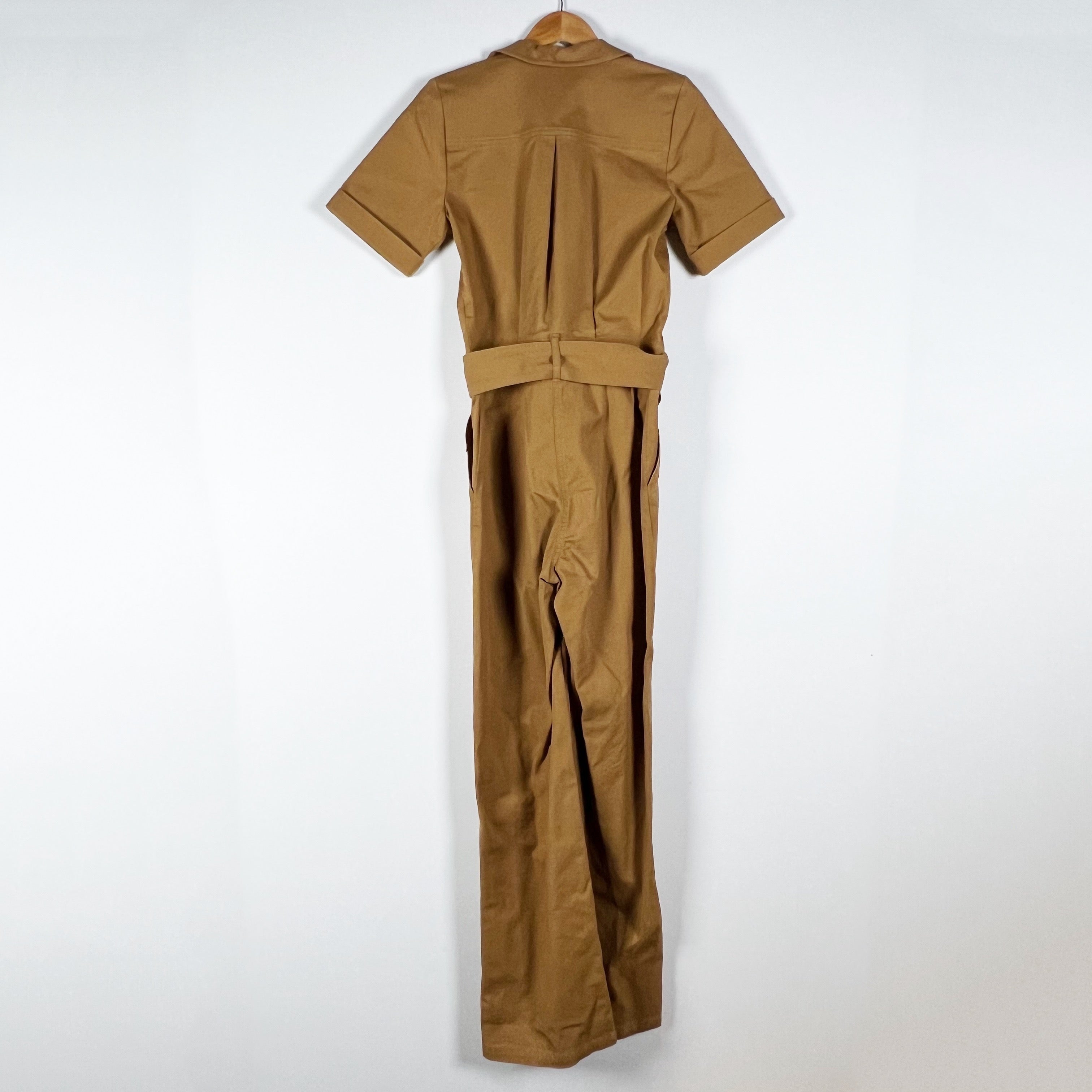 Sezane Manhatt Cotton Stretch Canvas Button Front Full Length Jumpsuit Camel XS