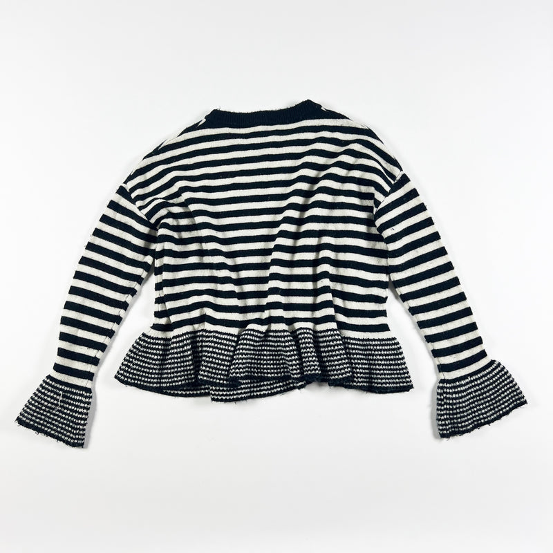 Cinq A Sept Wool Blend Stretch Knit Black White Stripe Ruffle Pullover Sweater M