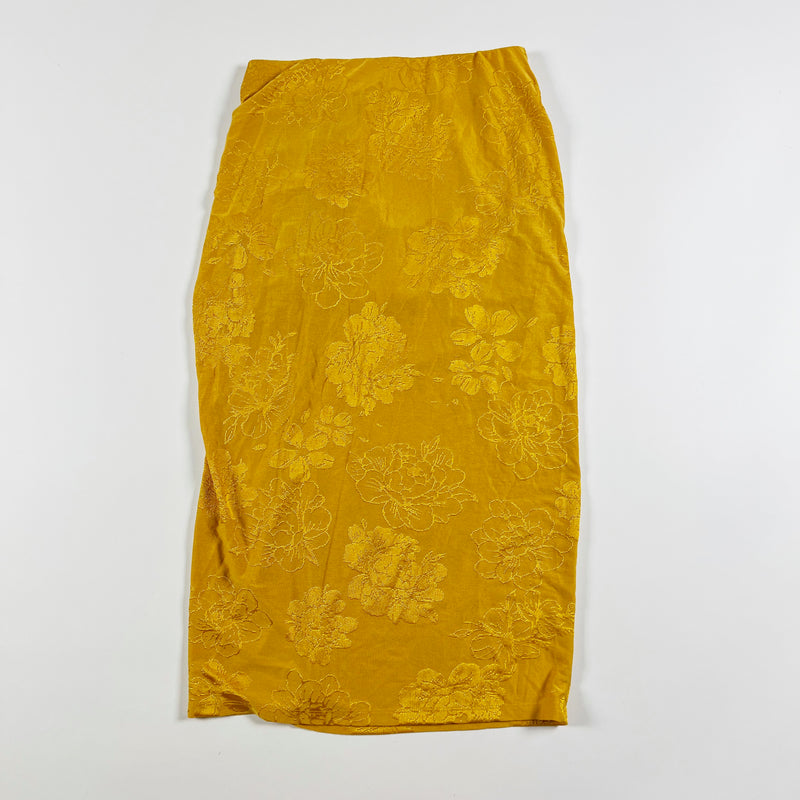 Zara Yellow Gold Floral Flower Print Pattern Straight Pencil Ruched Skirt Small