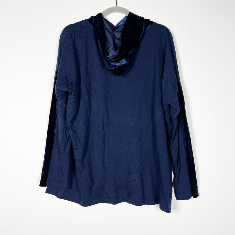 Eileen Fisher Ultra Soft Knit Velvet Velour Hoodie Pullover Pocket Sweater Blue