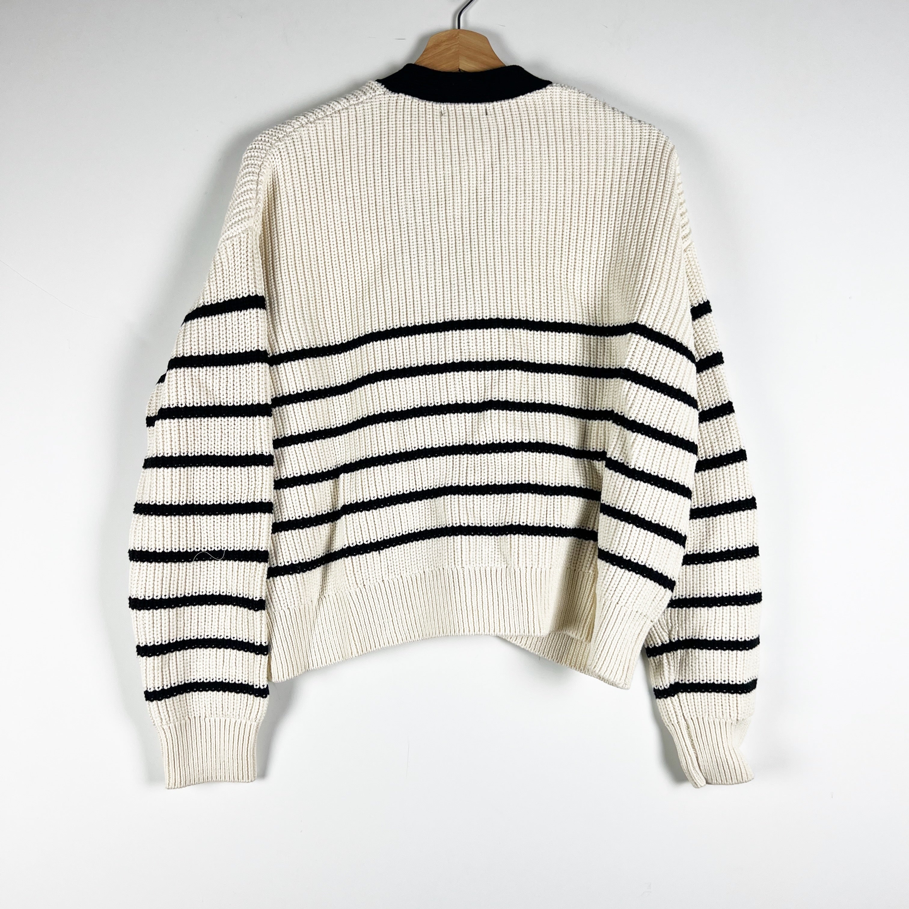 Quince 100% Organic Cotton Fisherman Boxy Cropped Cardigan Sweater Black Stripe