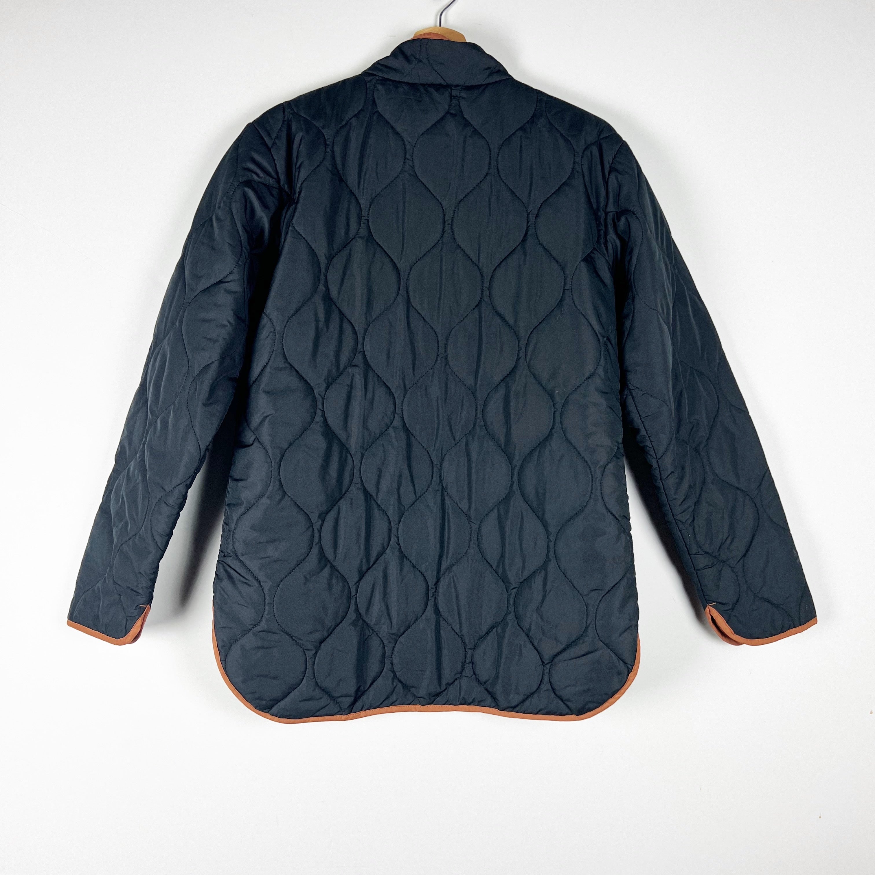 Summersalt The Reversible Eco Quilted Lightweight Snap Button Black Brown Jacket