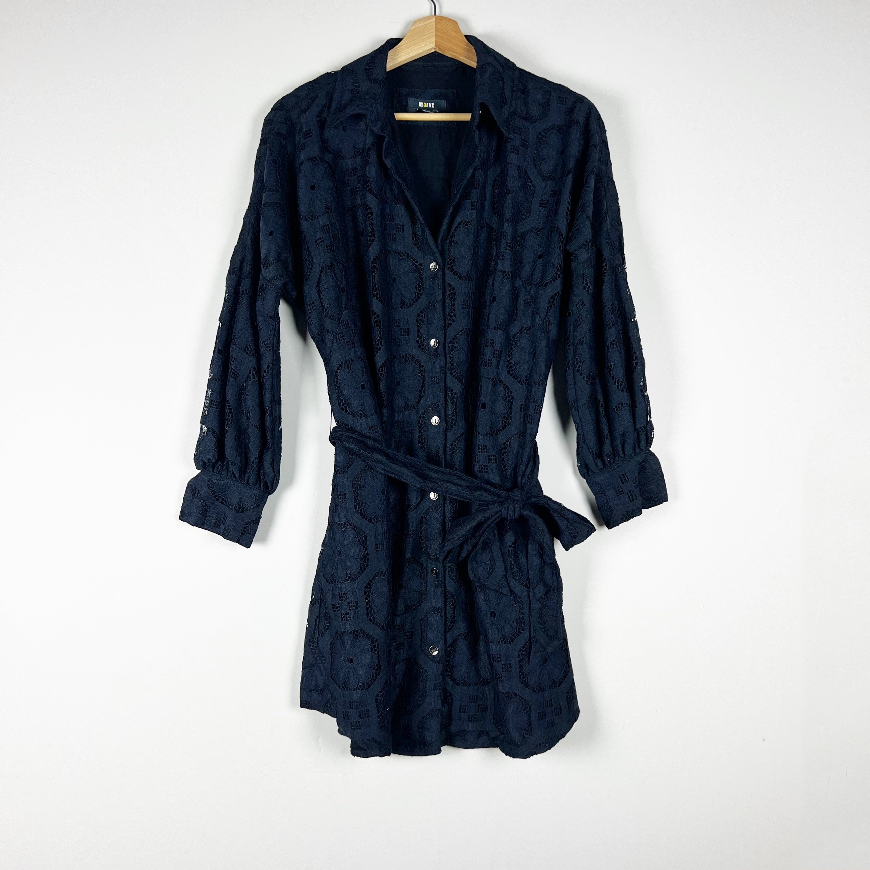 Maeve Belted Button Down Collared Mini Shirt Dress Black Lace XS
