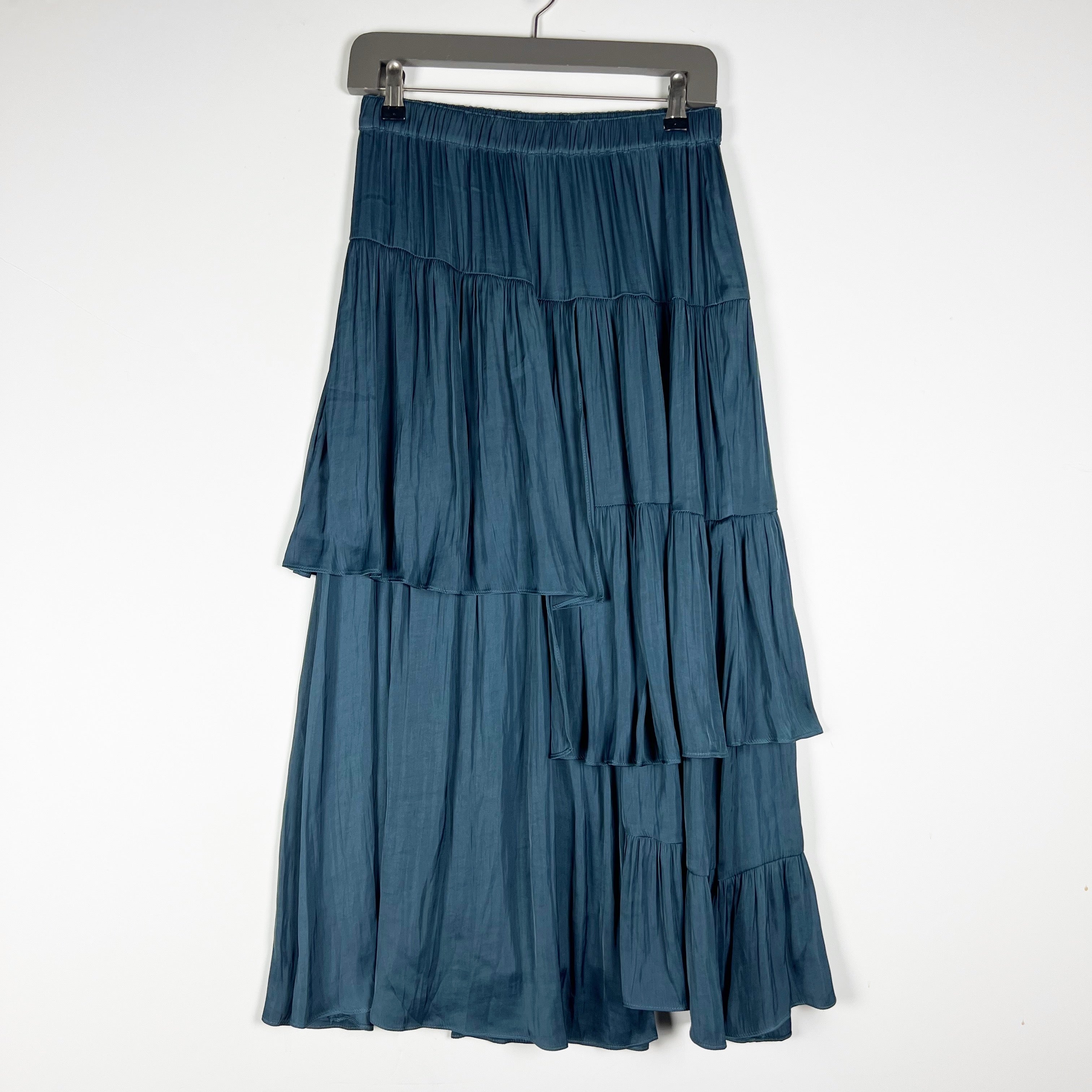 NEW Current Air Asymmetrical Ruffle Tiered Pull On Midi Skirt Turquoise Blue S