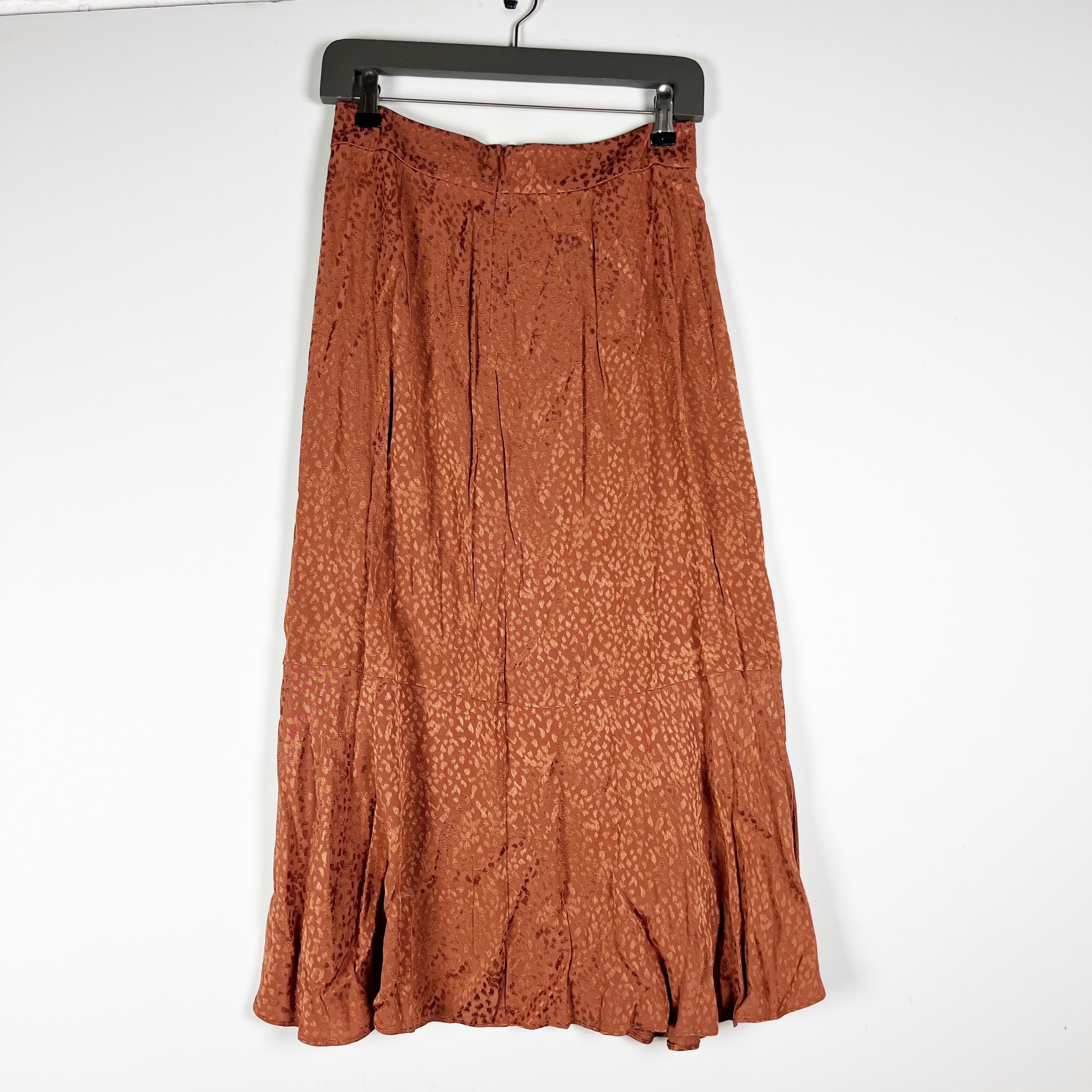 NEW Madewell Flounce Ruffle Hem Midi Skirt in Cheetah Jacquard Sheen Warm Umber