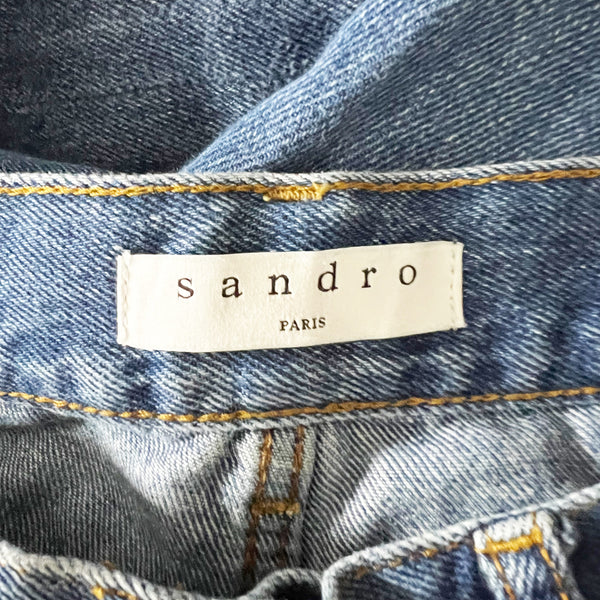 Sandro Cotton Stretch High Waist Patch Work Distressed Straight Leg Denim Jeans 