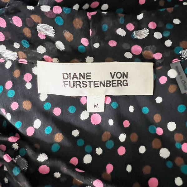 Diane Von Furstenberg Silk Chiffon Multicolor Polka Dot Print Ruffle Dress M