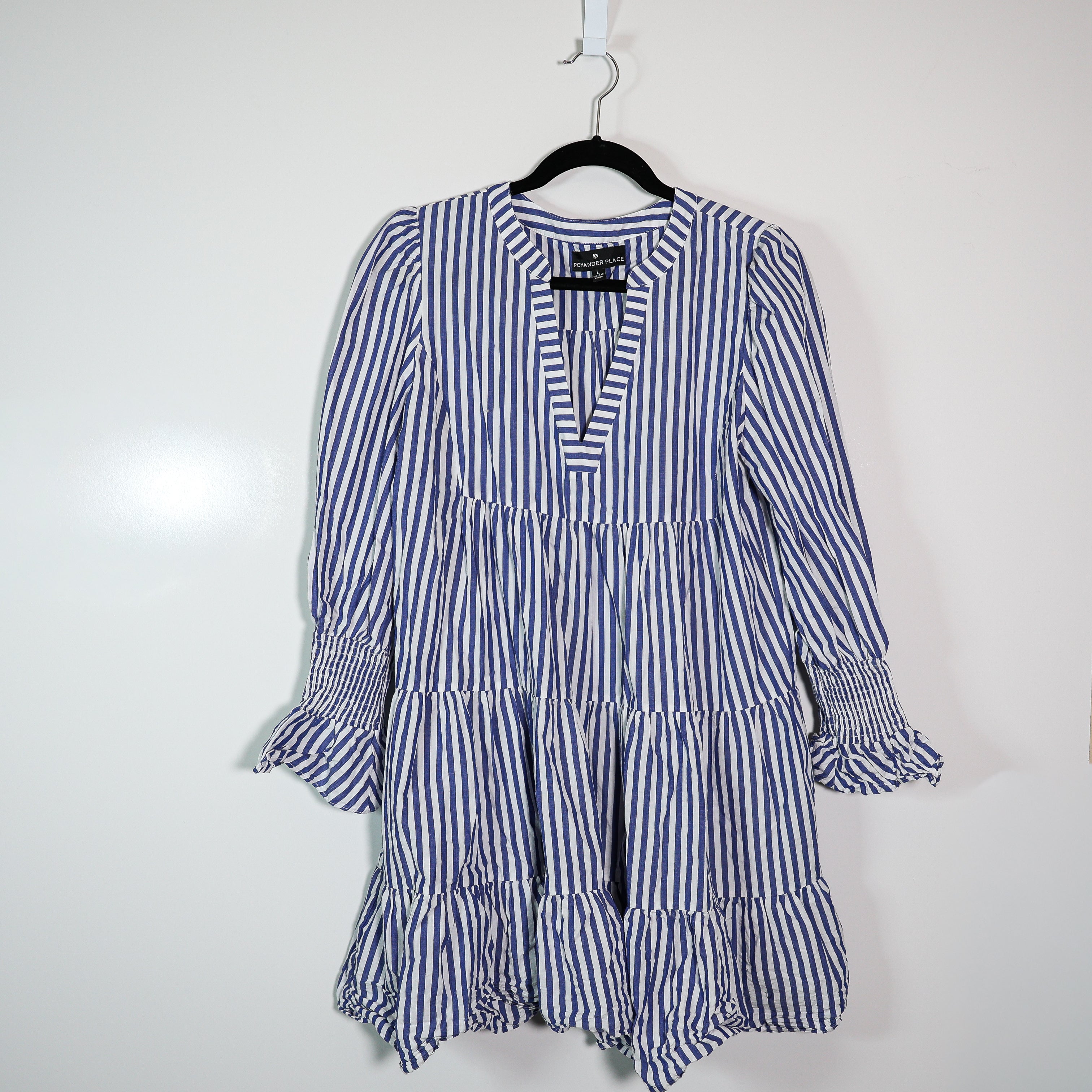 Pomander Place Kenzo Blue White Stripe Print Pattern Tiered Cotton Poplin Dress
