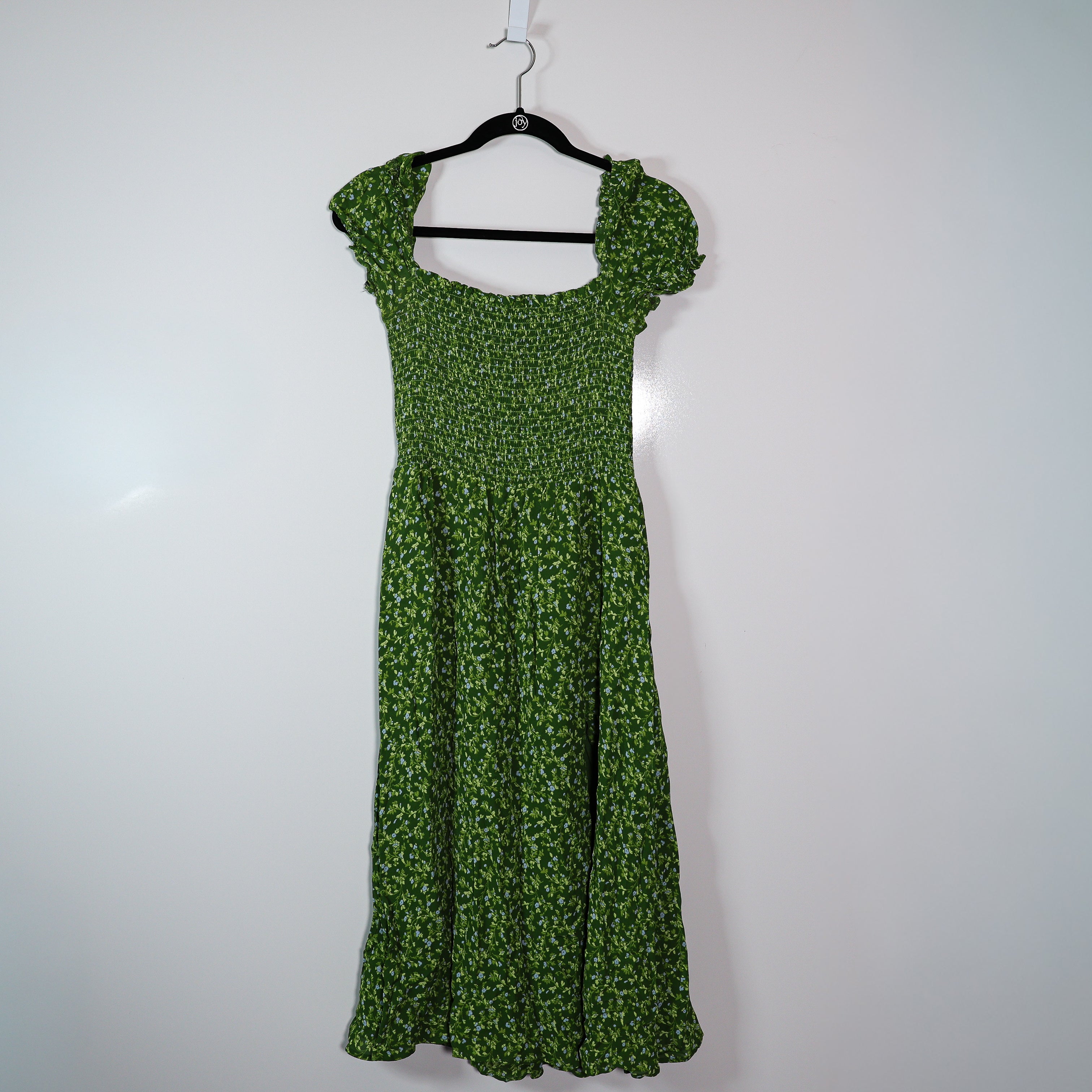 Reformation Inka Chiffon Smocked Stretch Bodice Green Floral Print Midi Dress M&nbsp;