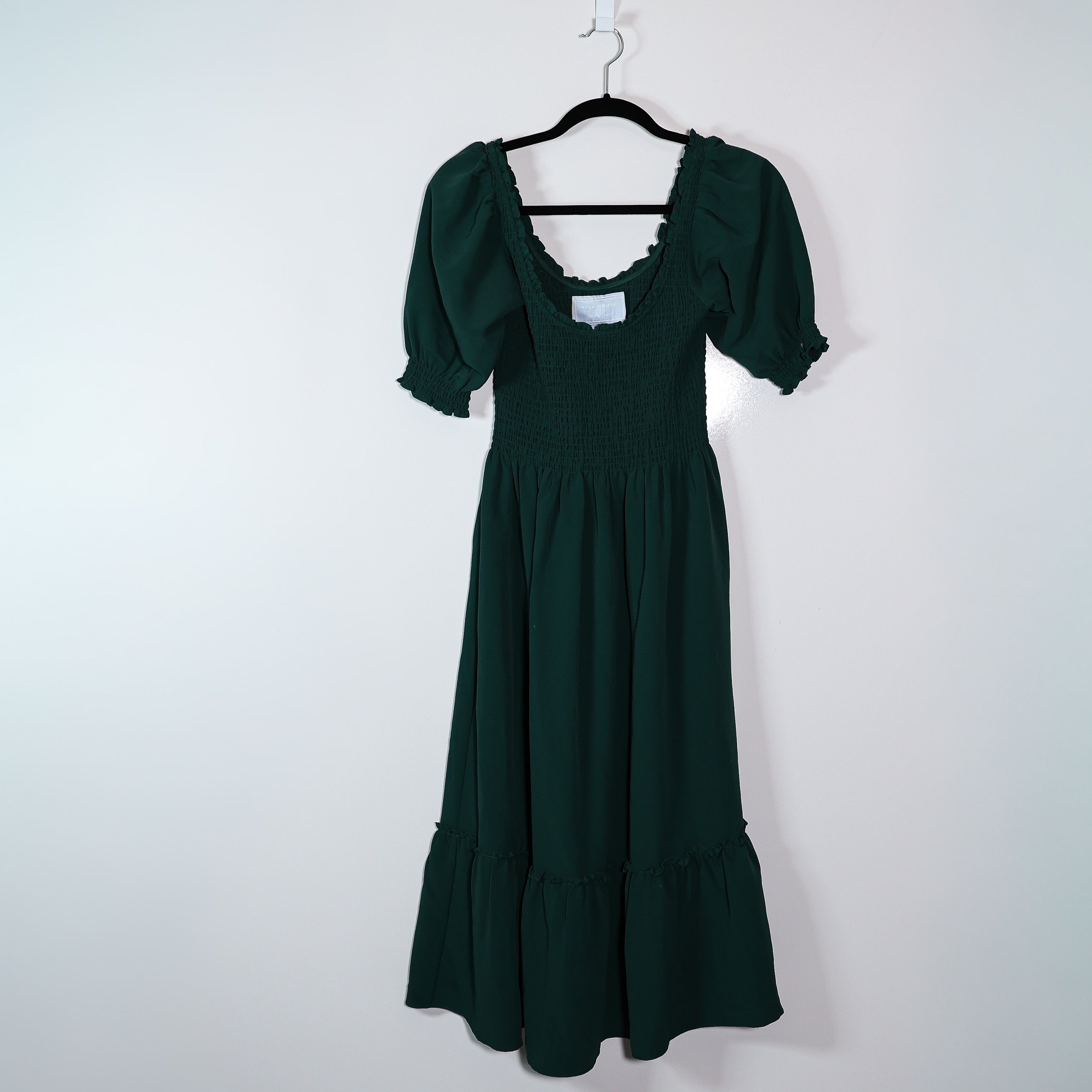 Hill House Home The Louisa Smocked Stretch Bodice Chiffon Tiered Dress Green XS