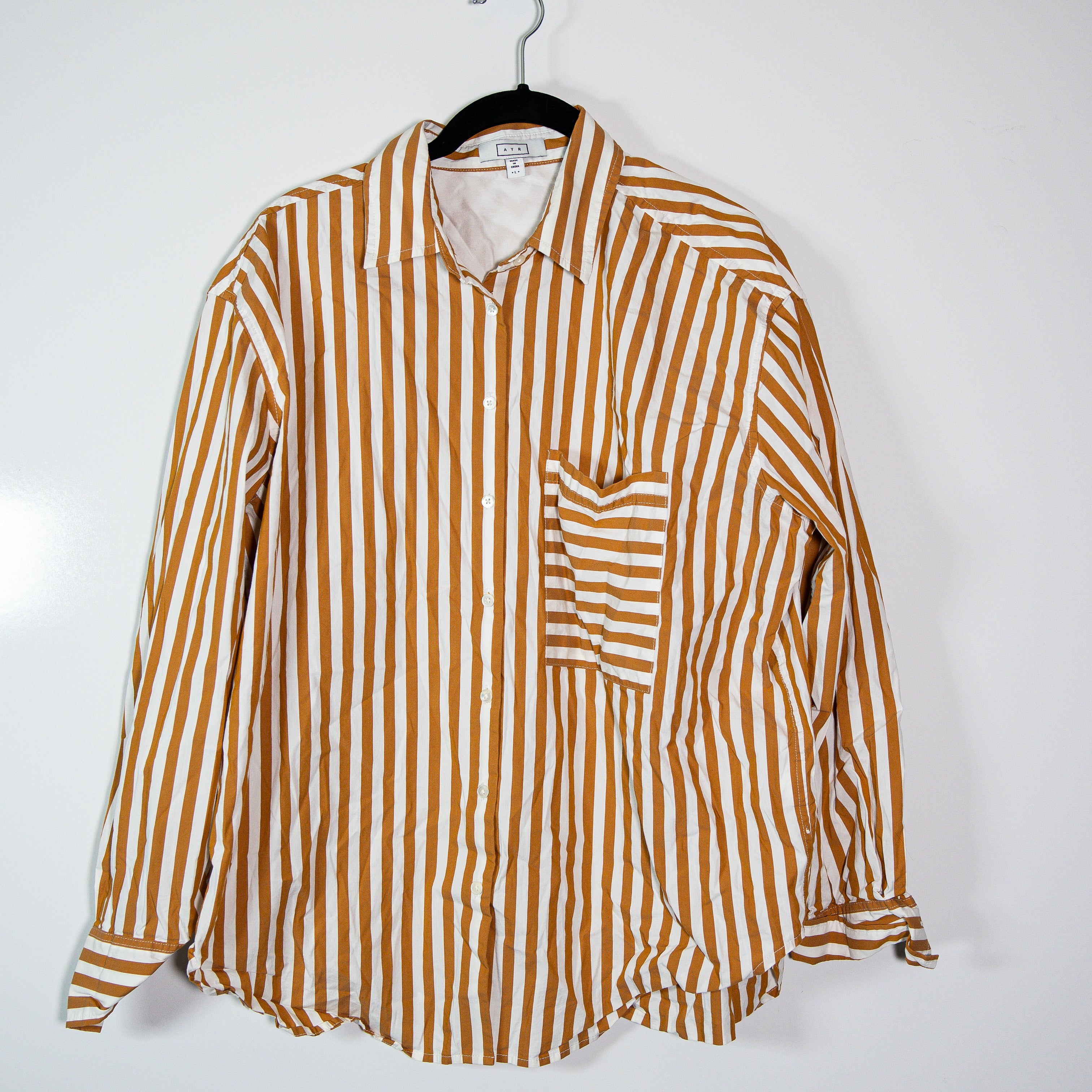 AYR Cotton Poplin Collared Long Sleeve Button Front Oversized Shirt Stripe Print