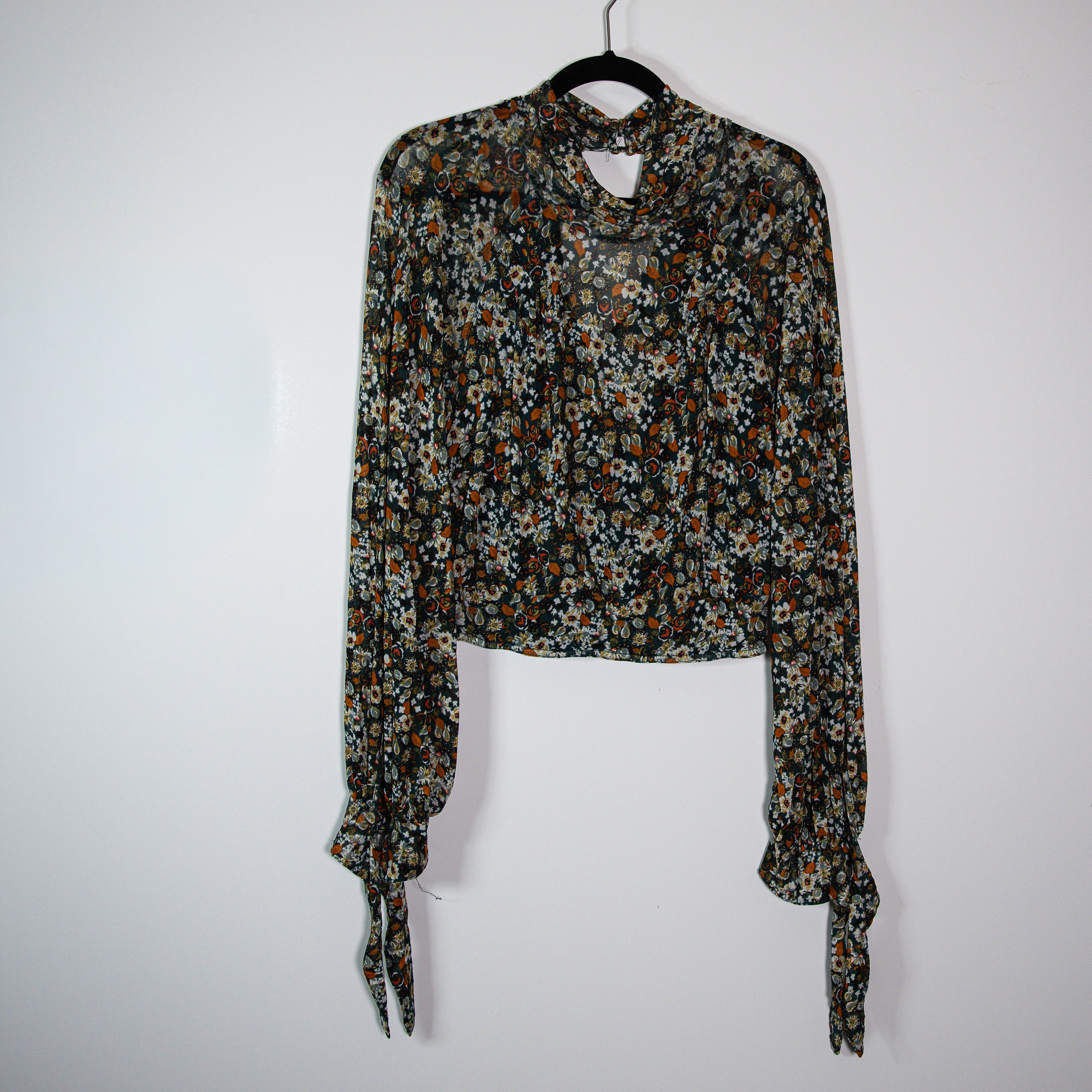 Free People All Dolled Up Floral Flower Mesh Cropped Long Sleeve Blouse Shirt L