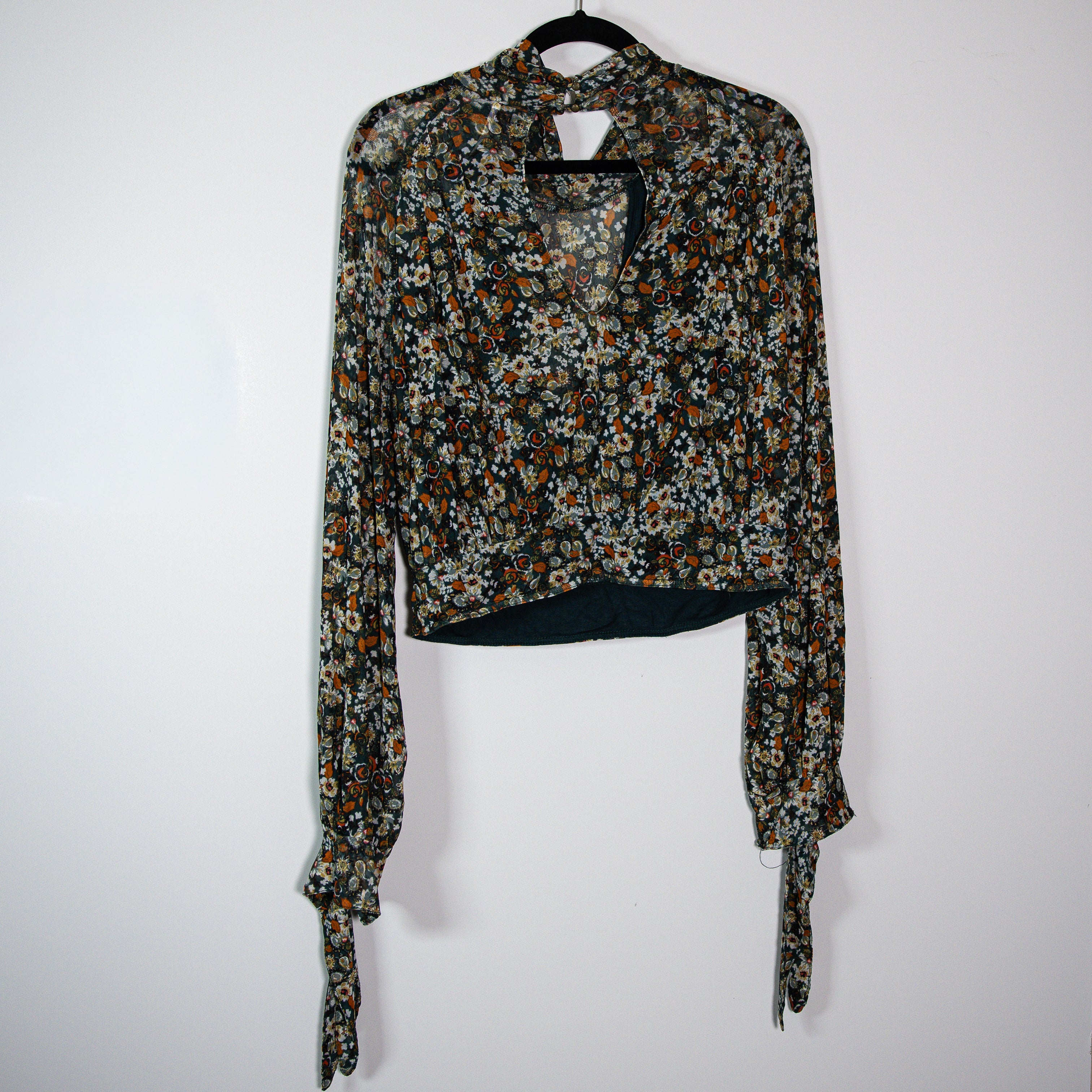 Free People All Dolled Up Floral Flower Mesh Cropped Long Sleeve Blouse Shirt L