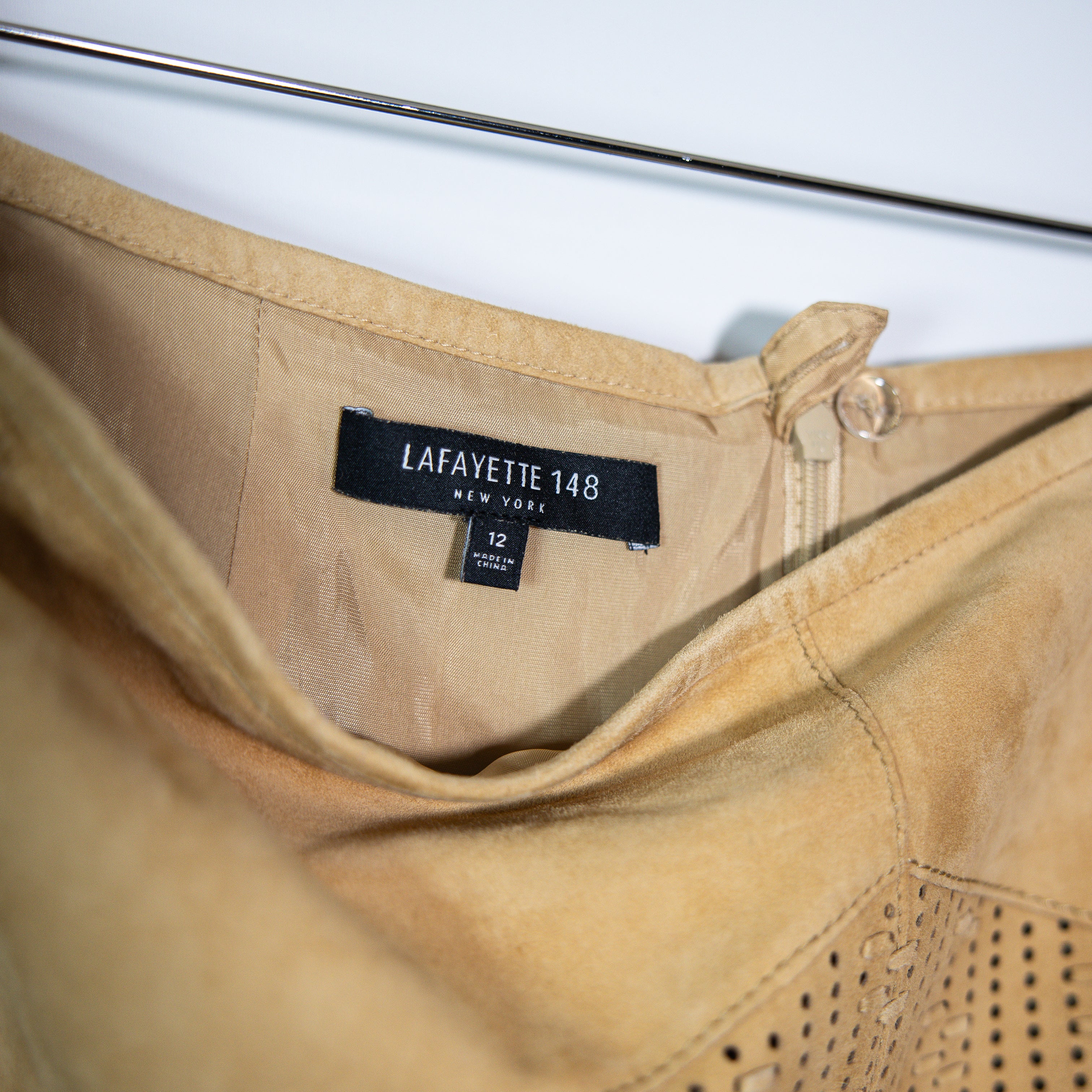 Lafayette 148 Genuine Suede Perforated Tassel Fringe Straight Pencil Skirt 12