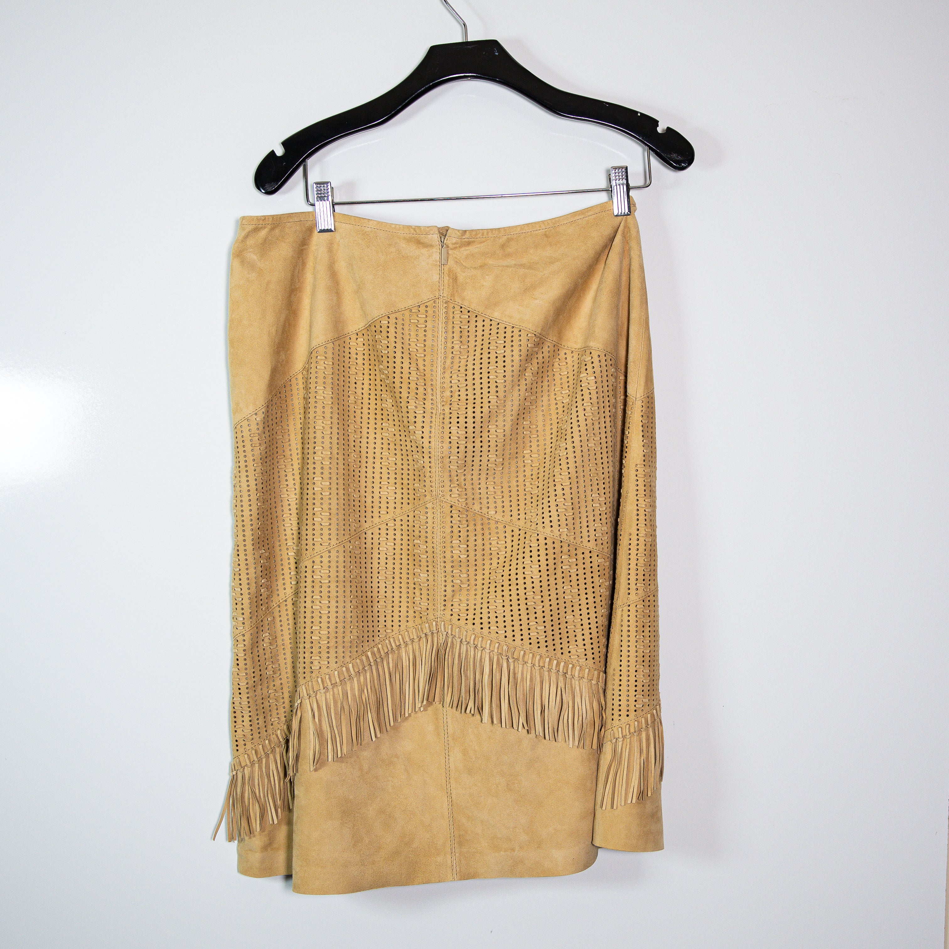 Lafayette 148 Genuine Suede Perforated Tassel Fringe Straight Pencil Skirt 12