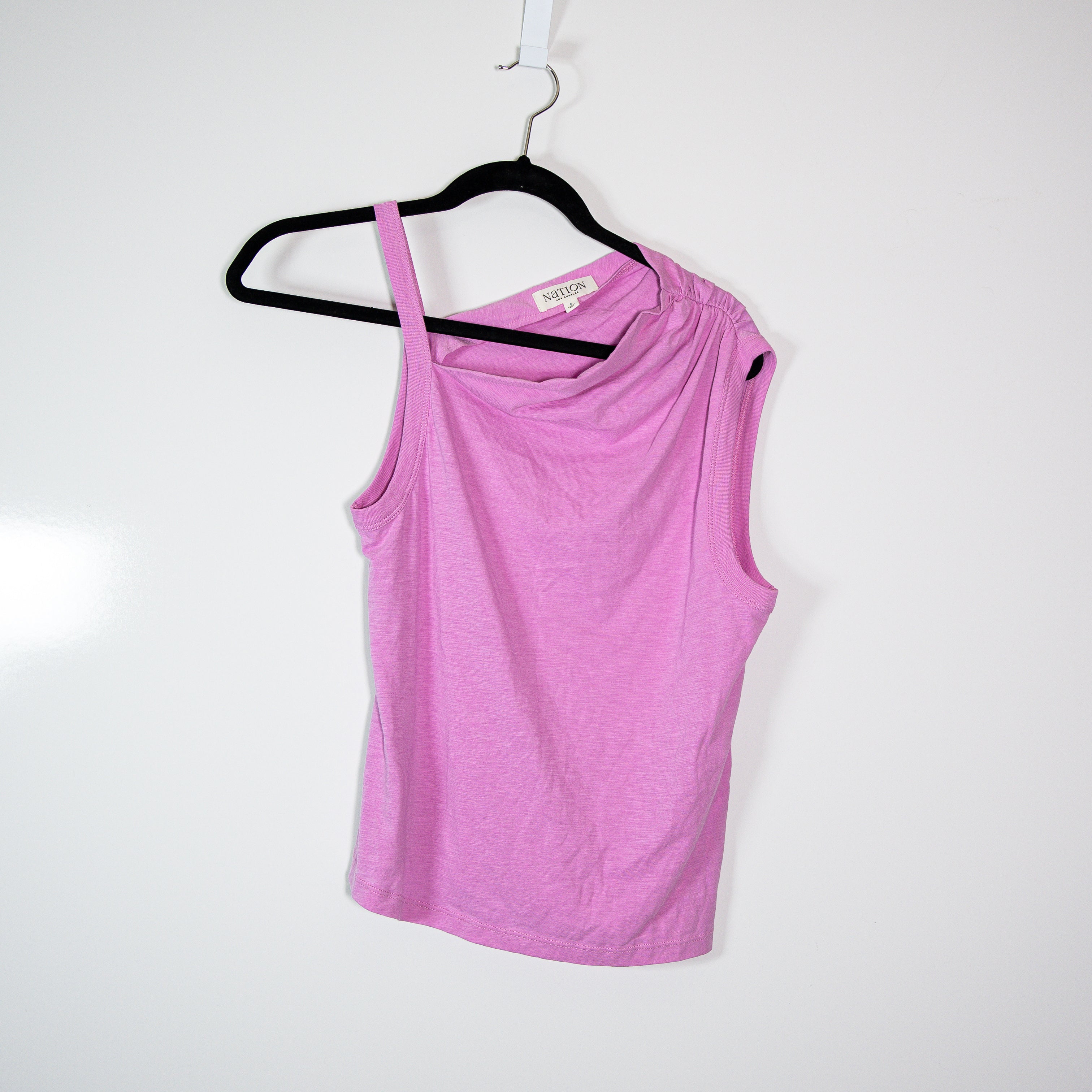 Nation Los Angeles Quin Asymmetrical Ruched Shoulder Cotton Tee Shirt Top Dahlia