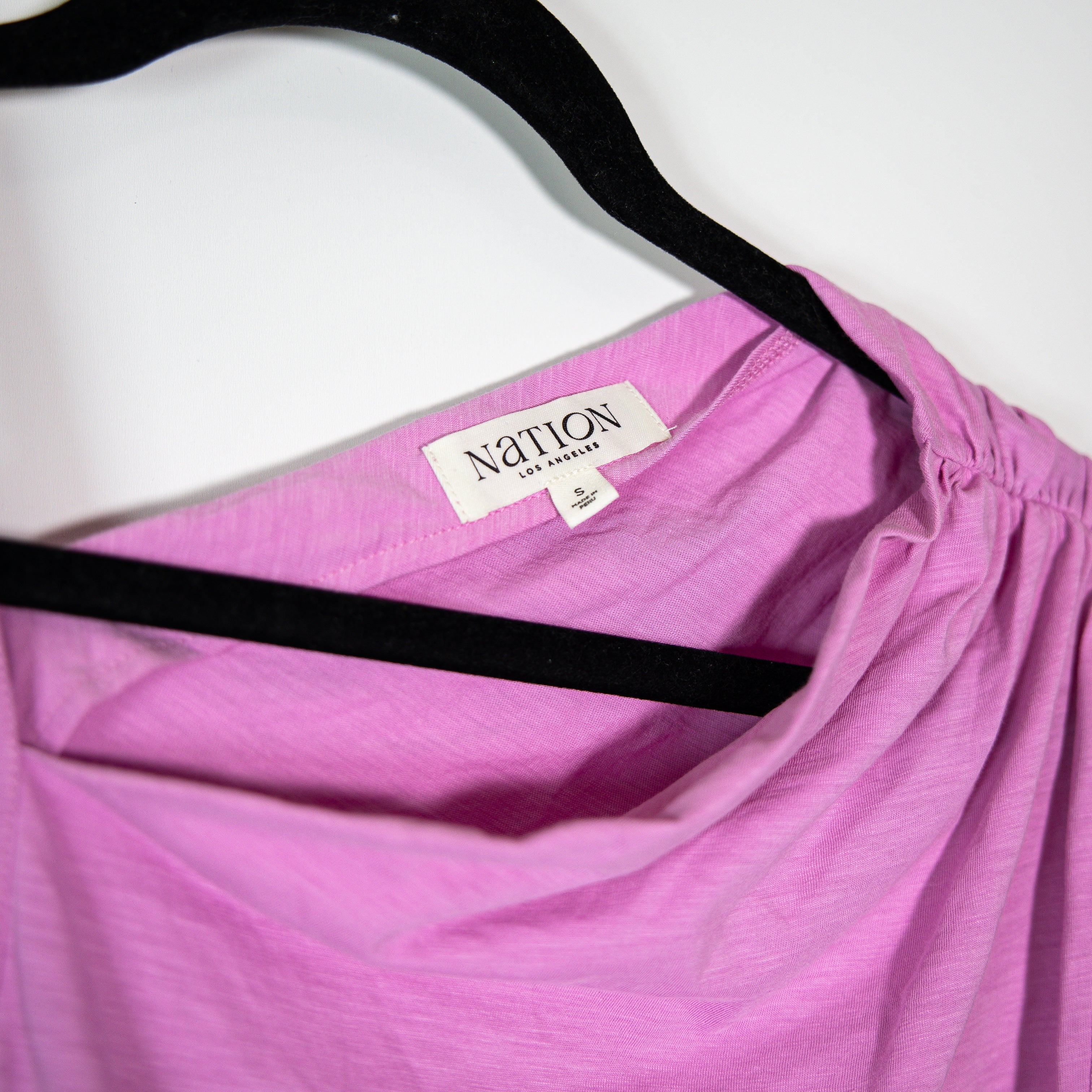 Nation Los Angeles Quin Asymmetrical Ruched Shoulder Cotton Tee Shirt Top Dahlia