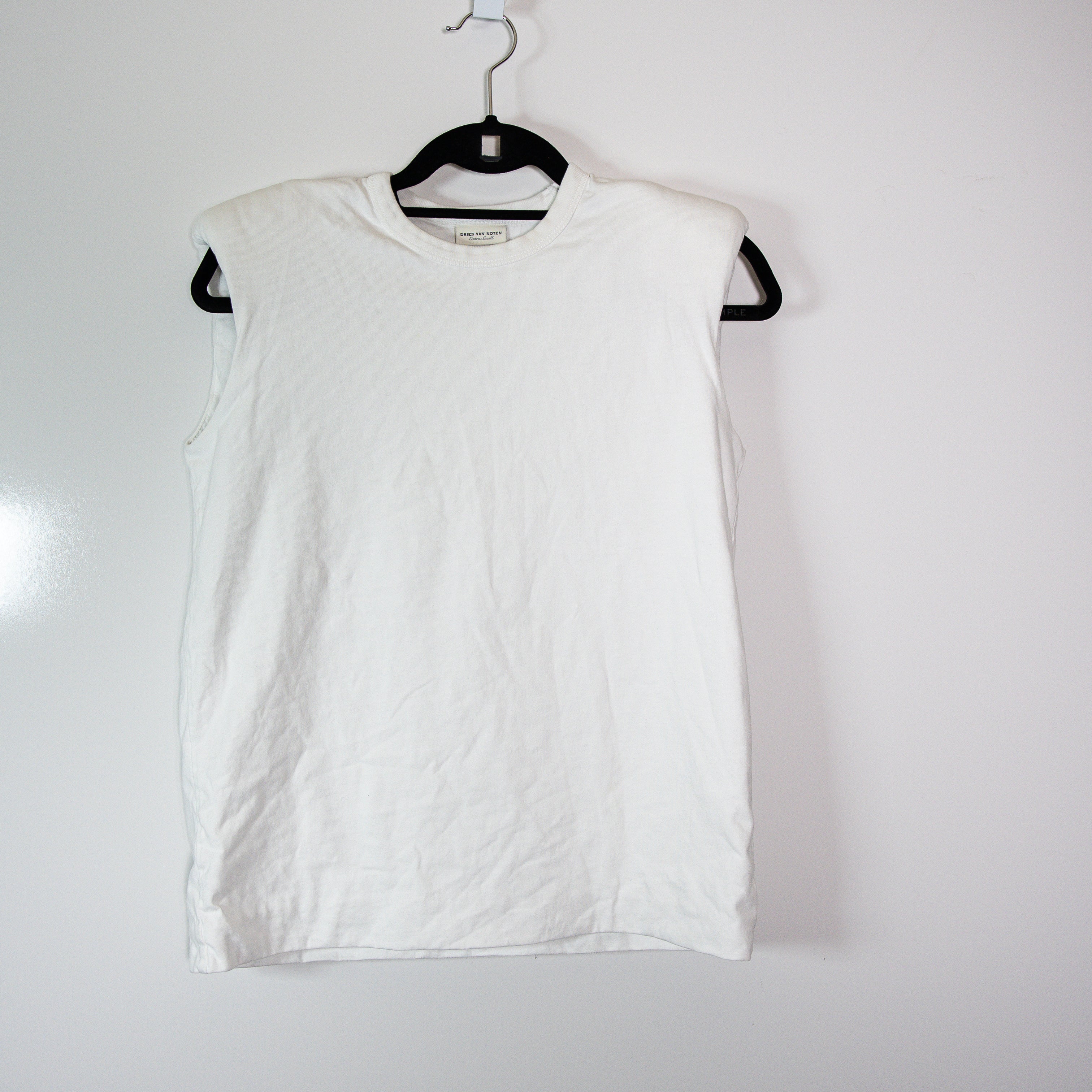 Dries Van Noten Cotton Crew Neck Shoulder Pad Sleeveless Tee Shirt Top White XS