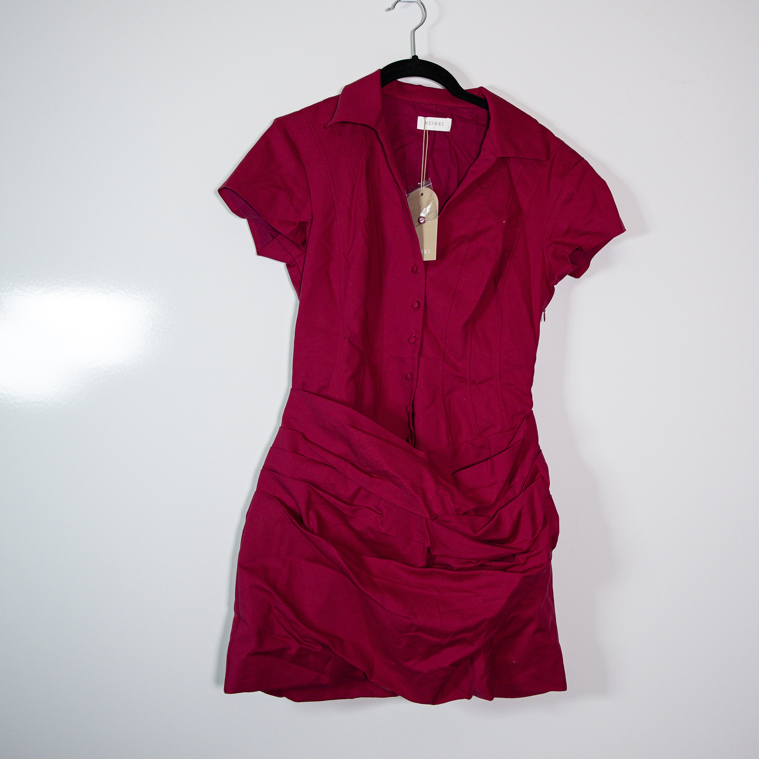 NEW Meshki Tarryn Collared Cotton Poplin Button Front Ruched Draped Mini Dress M