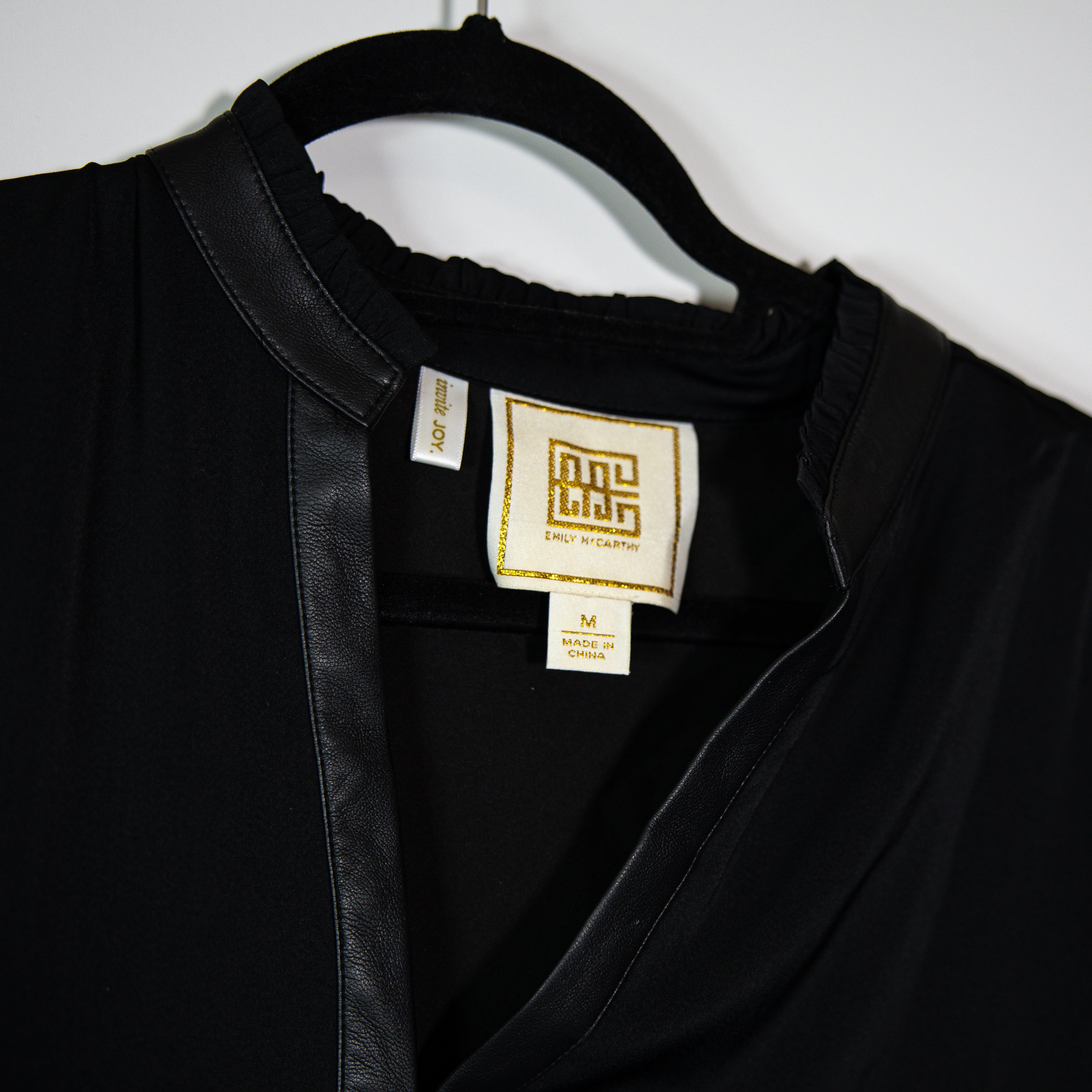 Emily McCarthy Satin Tiered Ruffle V Neck Faux Vegan Leather Trim Mini Dress M