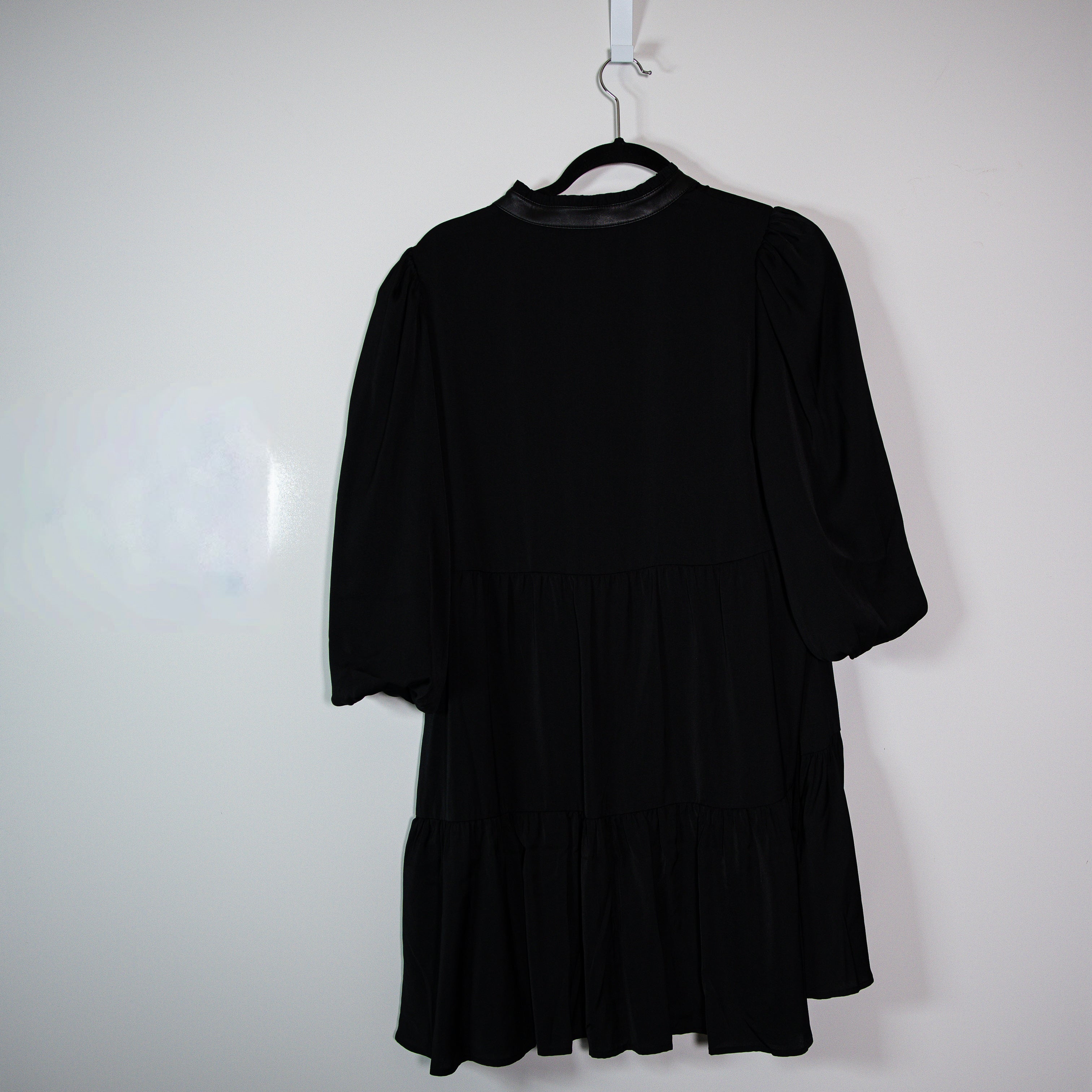 Emily McCarthy Satin Tiered Ruffle V Neck Faux Vegan Leather Trim Mini Dress M