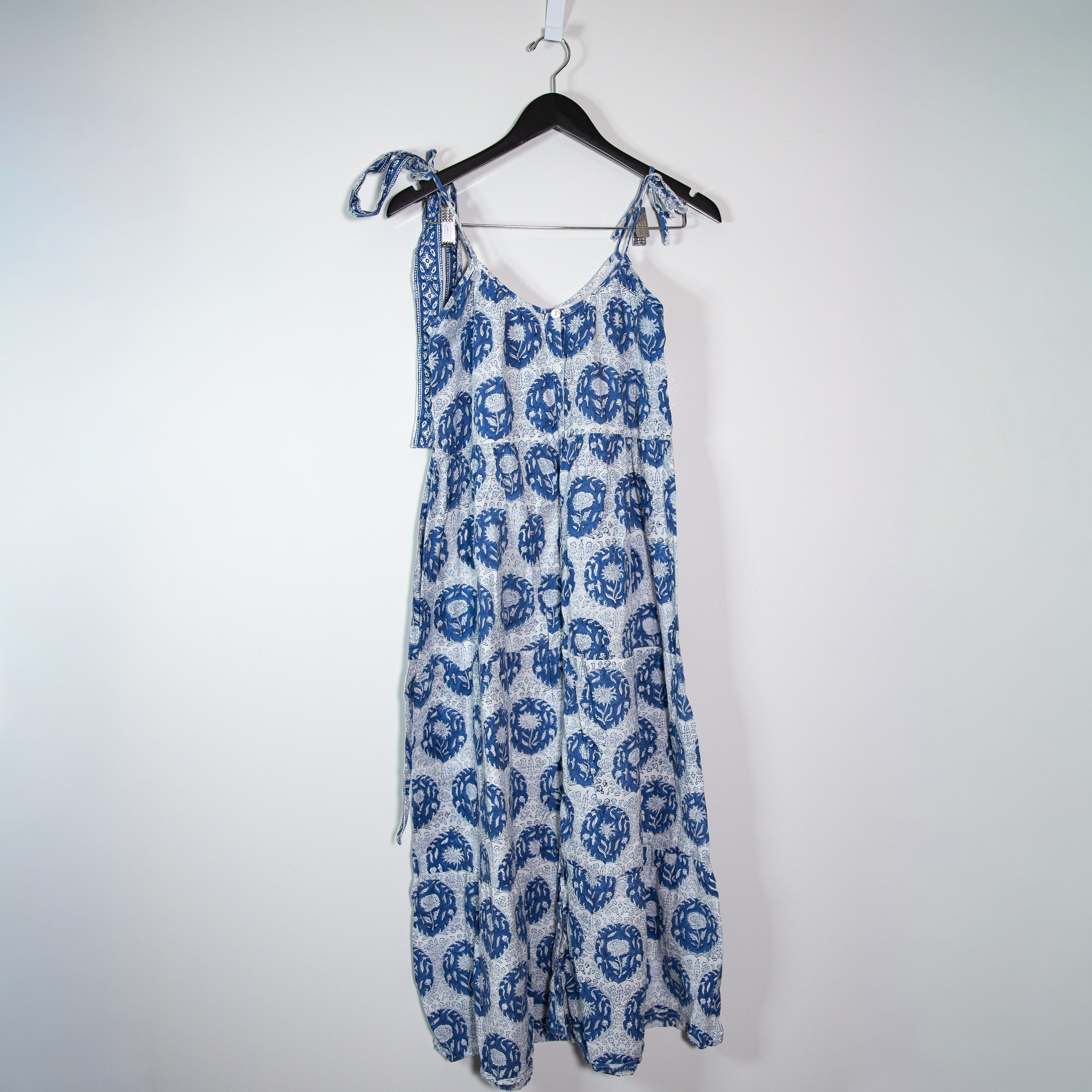 Marea Siesta Cotton Tie Shoulder Button Front Maxi Dress Blue White Multi Small