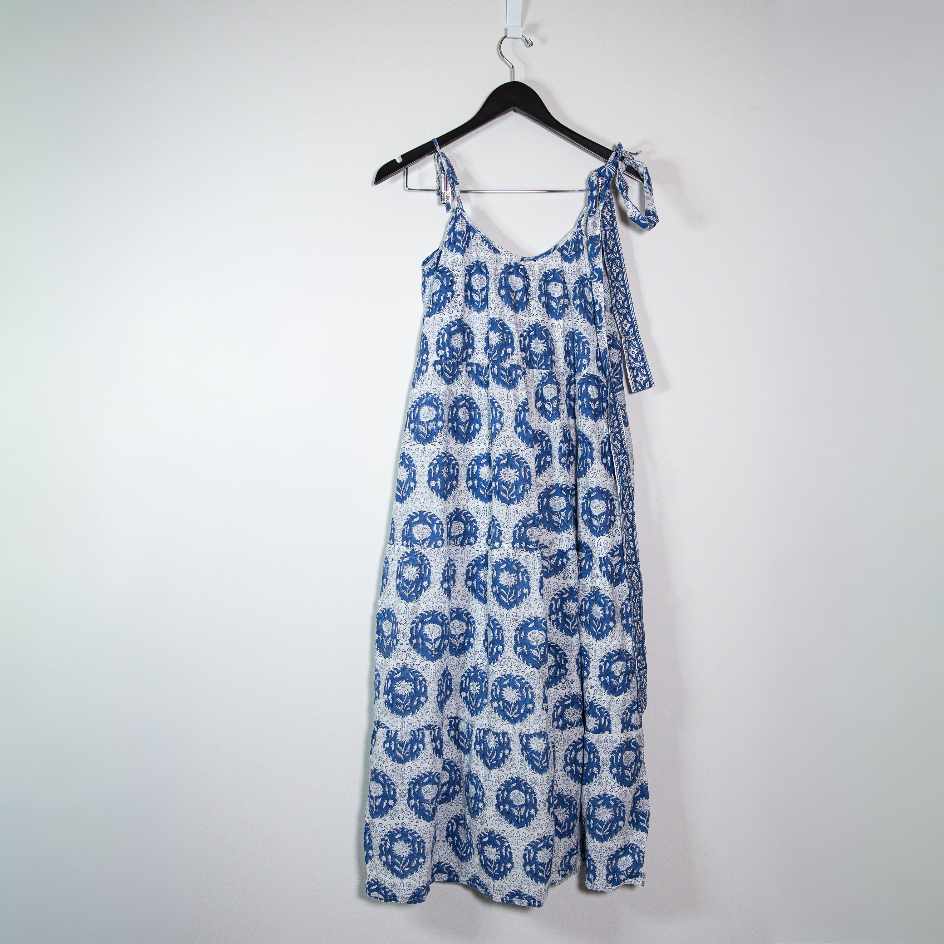 Marea Siesta Cotton Tie Shoulder Button Front Maxi Dress Blue White Multi Small