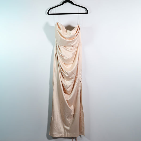 NEW House Of CB Adrienne Satin Stretch Draped Strapless Gown Dress Champagne L