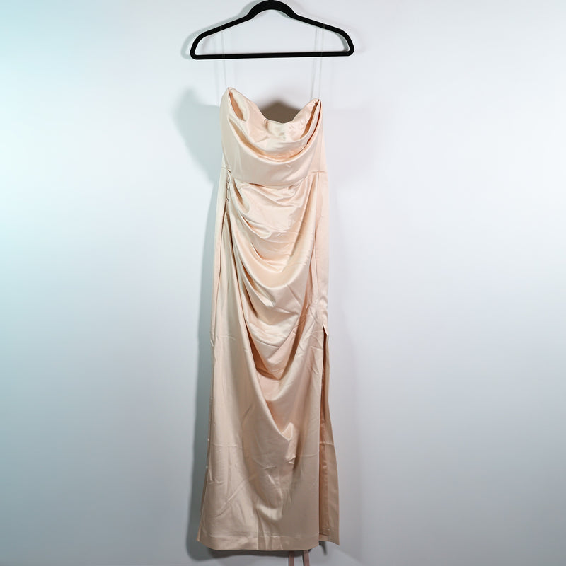 NEW House Of CB Adrienne Satin Stretch Draped Strapless Gown Dress Champagne L