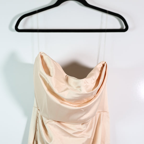 NEW House Of CB Adrienne Satin Stretch Draped Strapless Gown Dress Champagne L