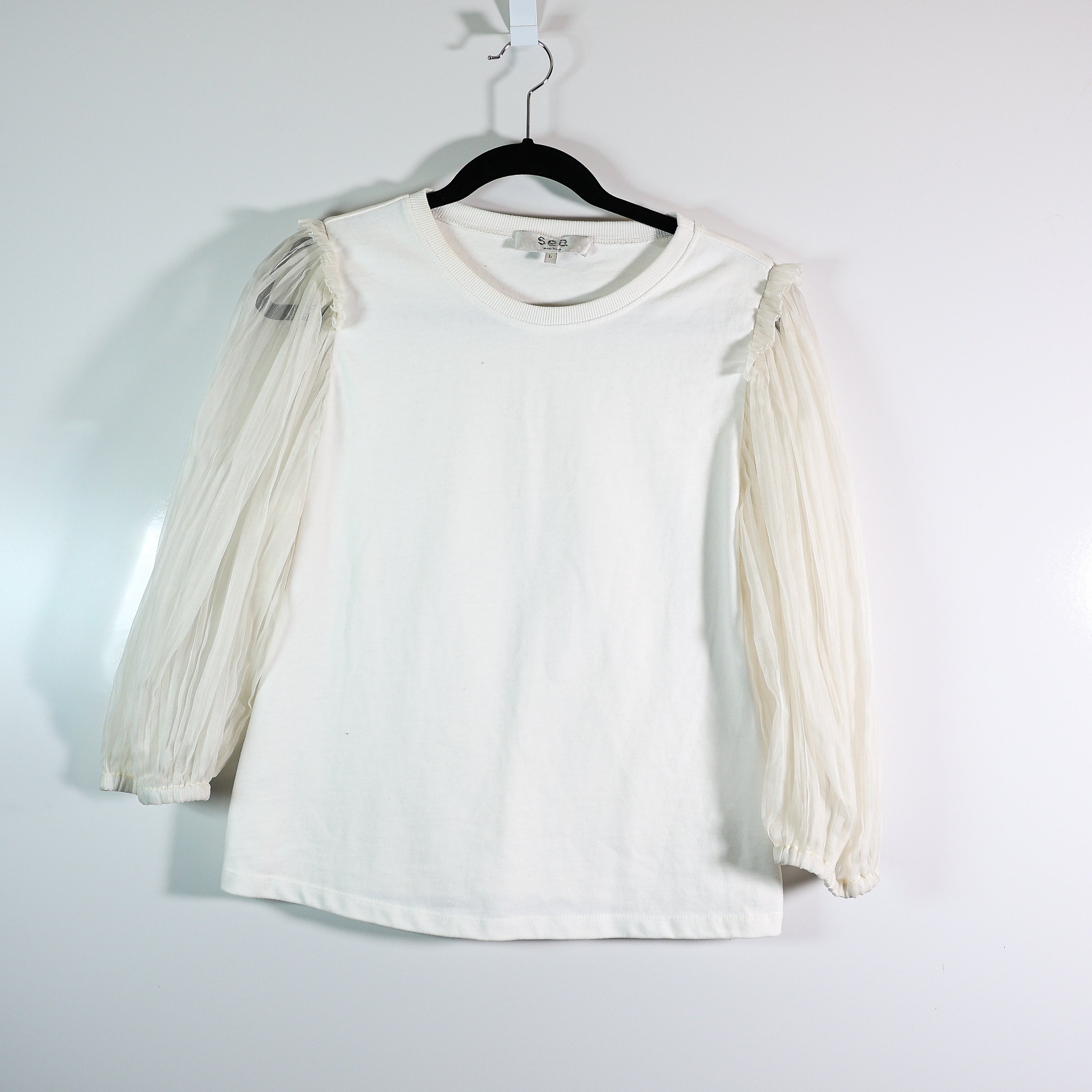 Sea New York Olive Cotton Silk Semi Sheer Pleated Long Sleeve Tee Shirt White L